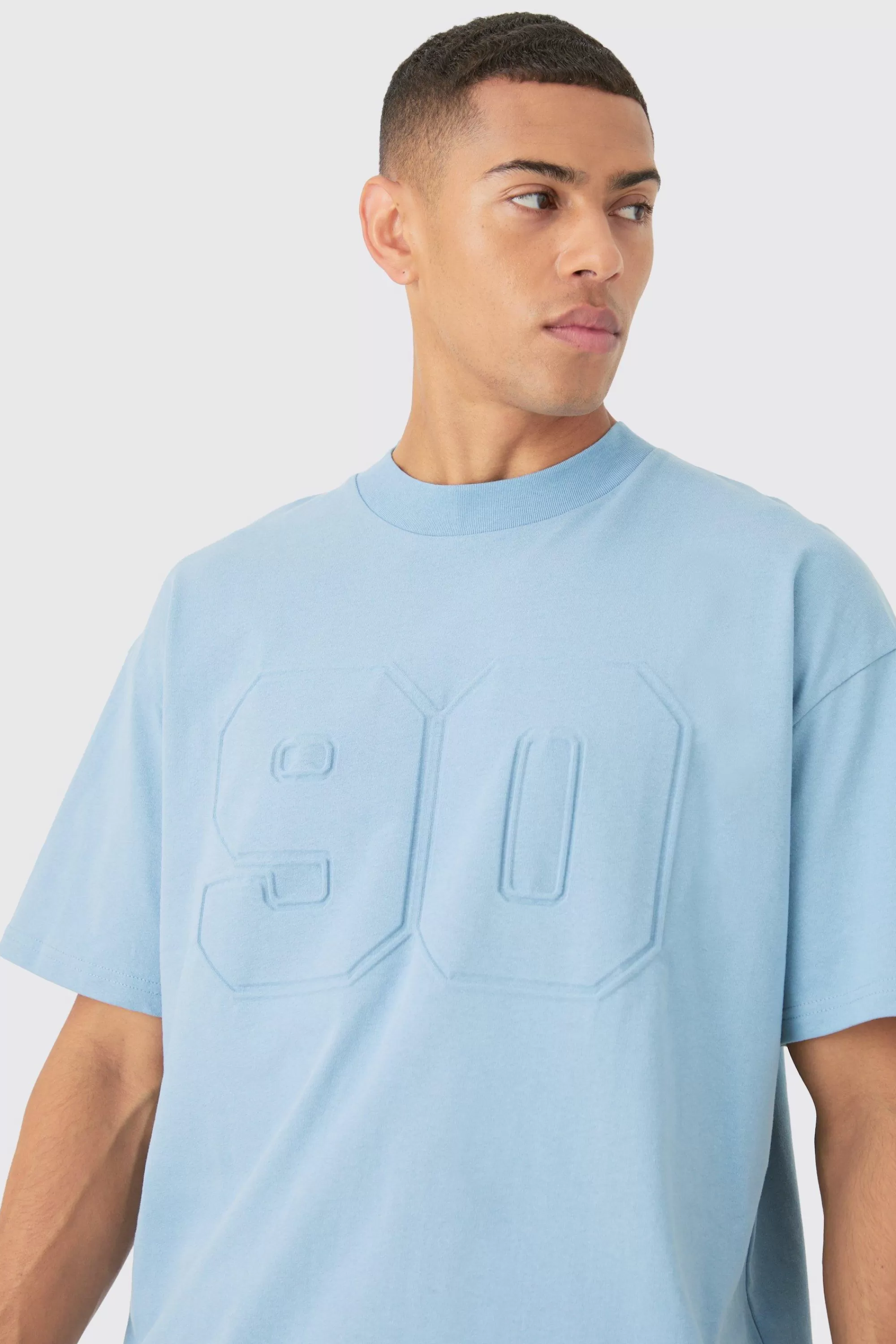 boohooMAN Oversized Extended Neck Varsity Embossed T-shirt | UK denim-blue New