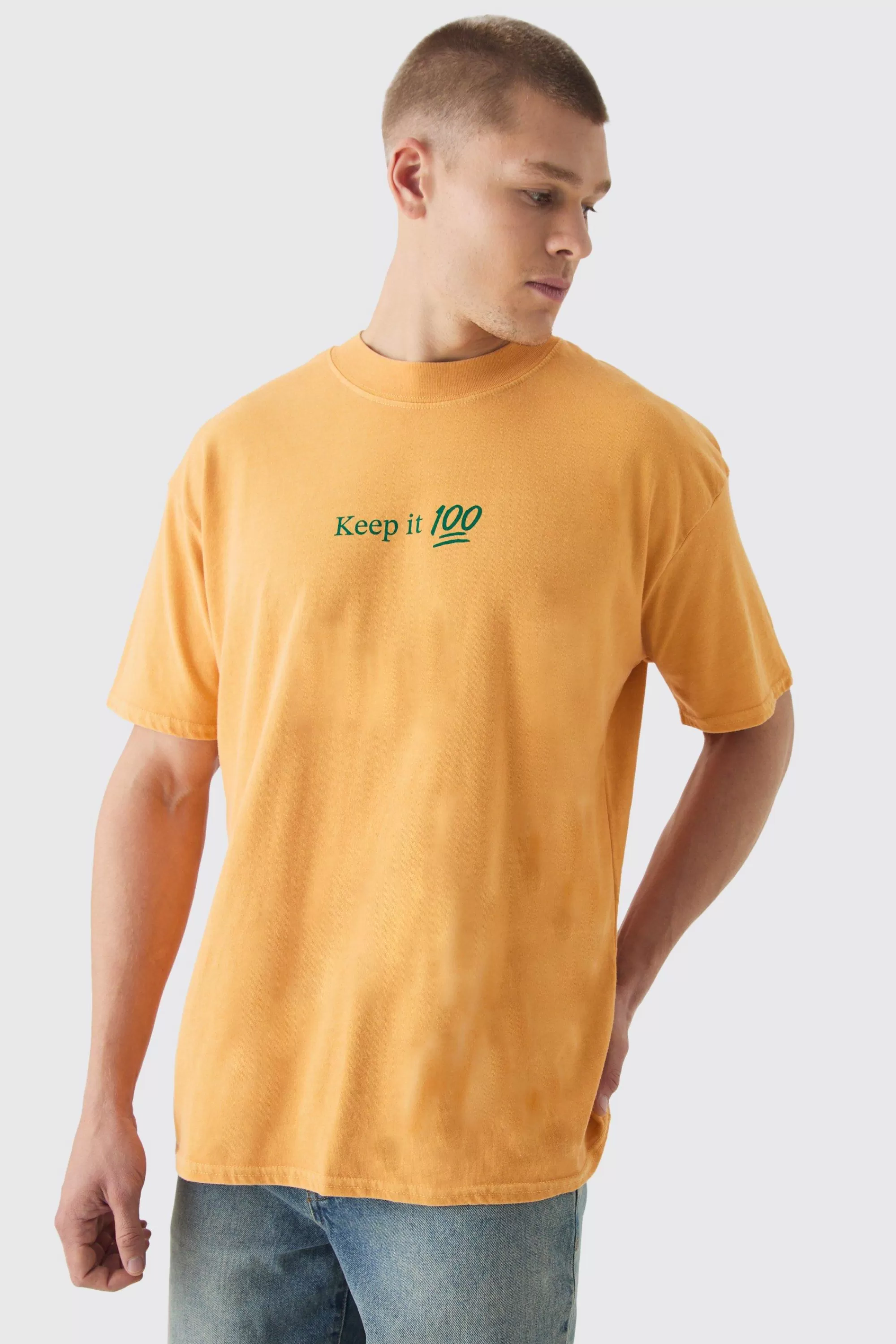 boohooMAN Oversized Extended Neck Washed Keep It Real Print T-Shirt | UK yellow Online