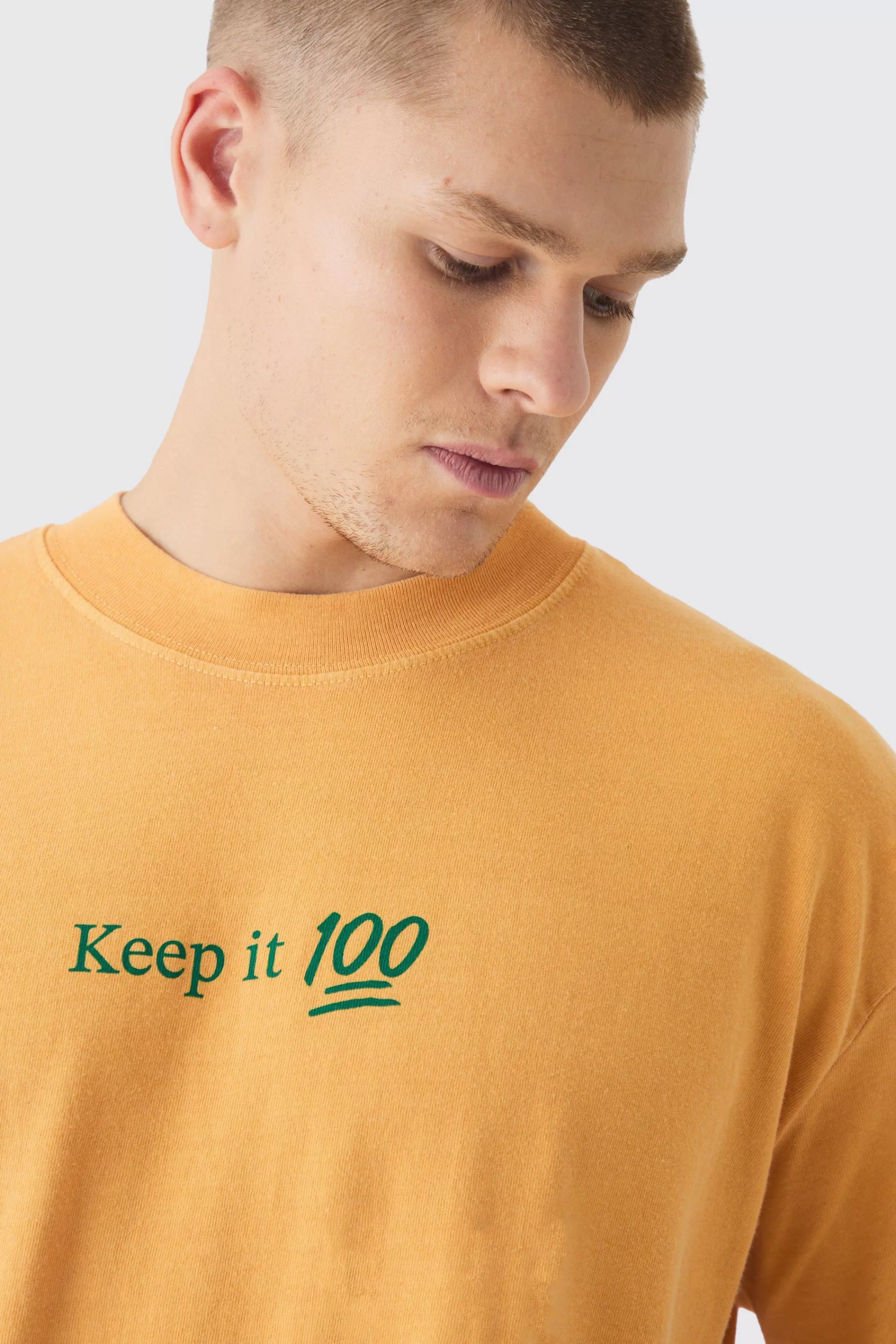 boohooMAN Oversized Extended Neck Washed Keep It Real Print T-Shirt | UK yellow Online