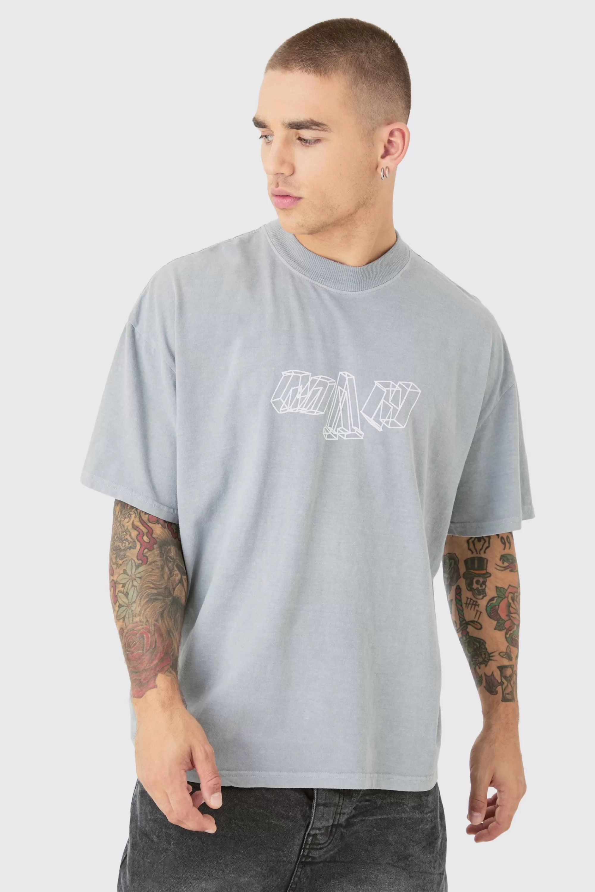 boohooMAN Oversized Extended Neck Washed M Graphic T-shirt | UK grey Clearance