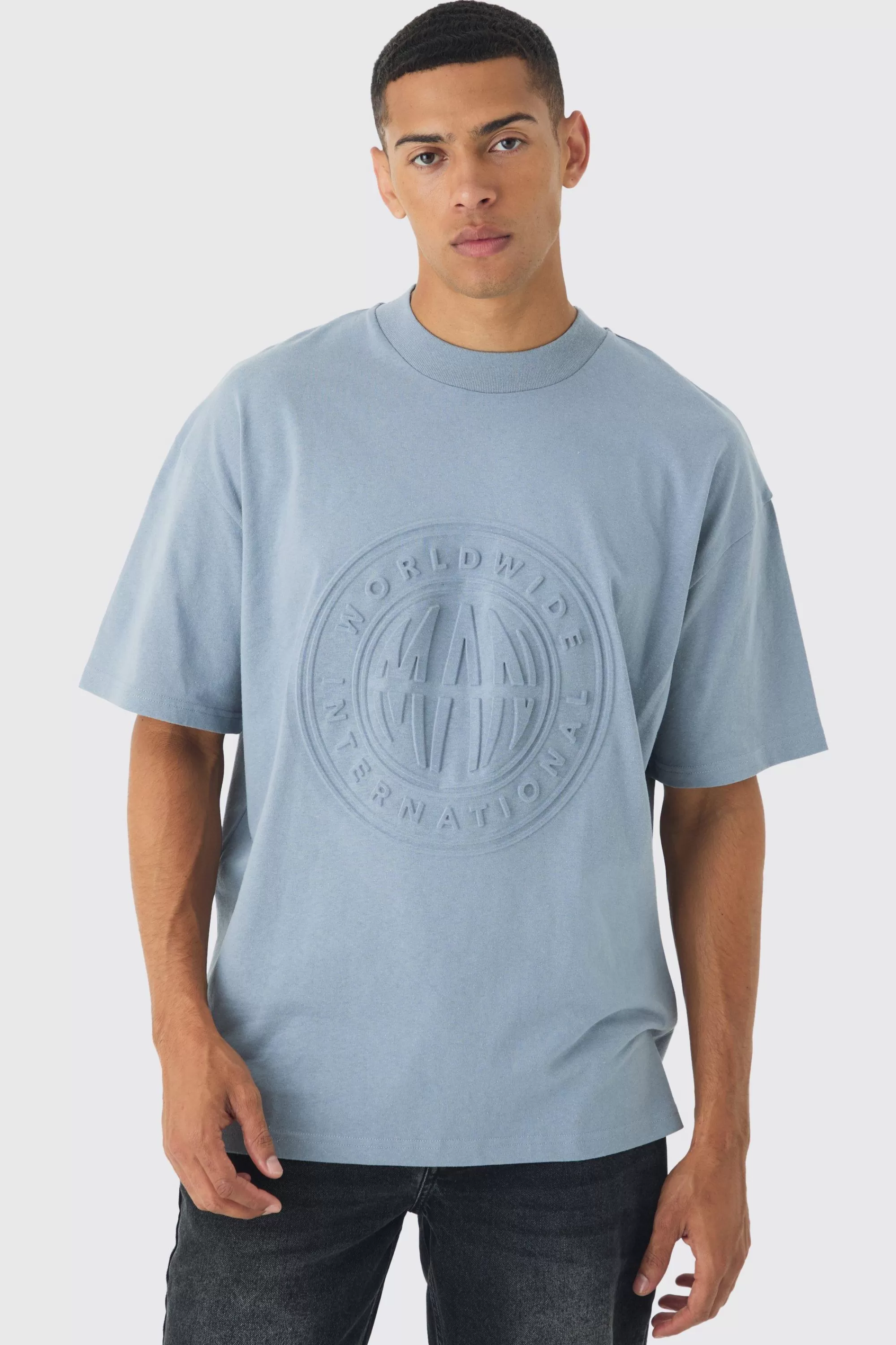 boohooMAN Oversized Extended Neck Worldwide Embossed T-Shirt | UK denim-blue New
