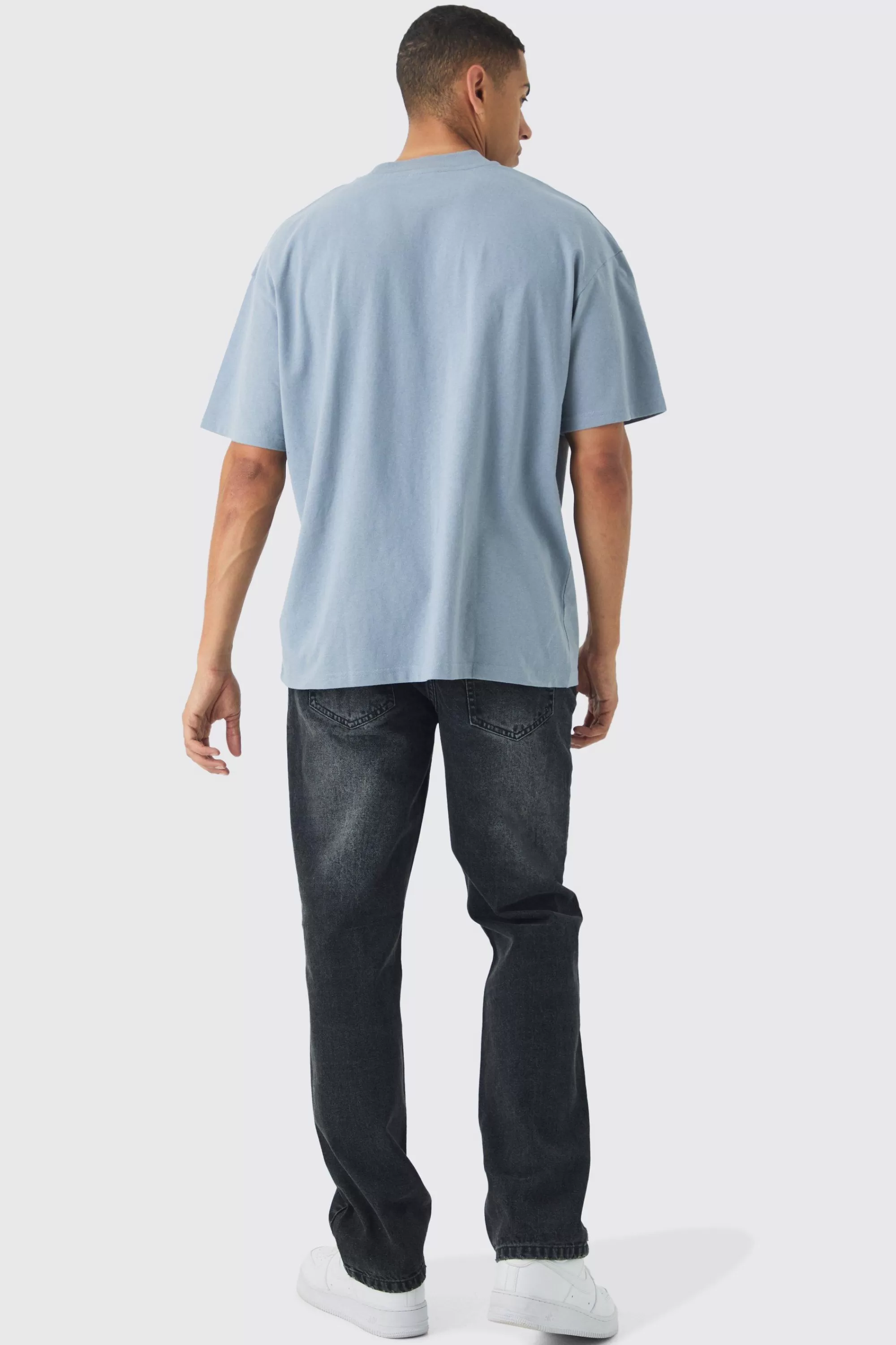 boohooMAN Oversized Extended Neck Worldwide Embossed T-Shirt | UK denim-blue New