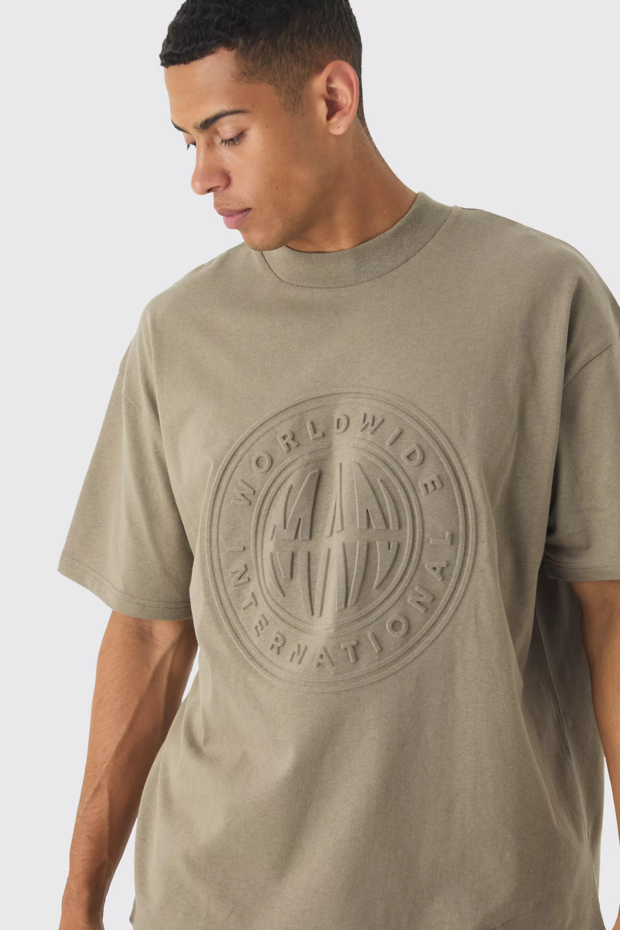 boohooMAN Oversized Extended Neck Worldwide Embossed T-Shirt | UK khaki Discount