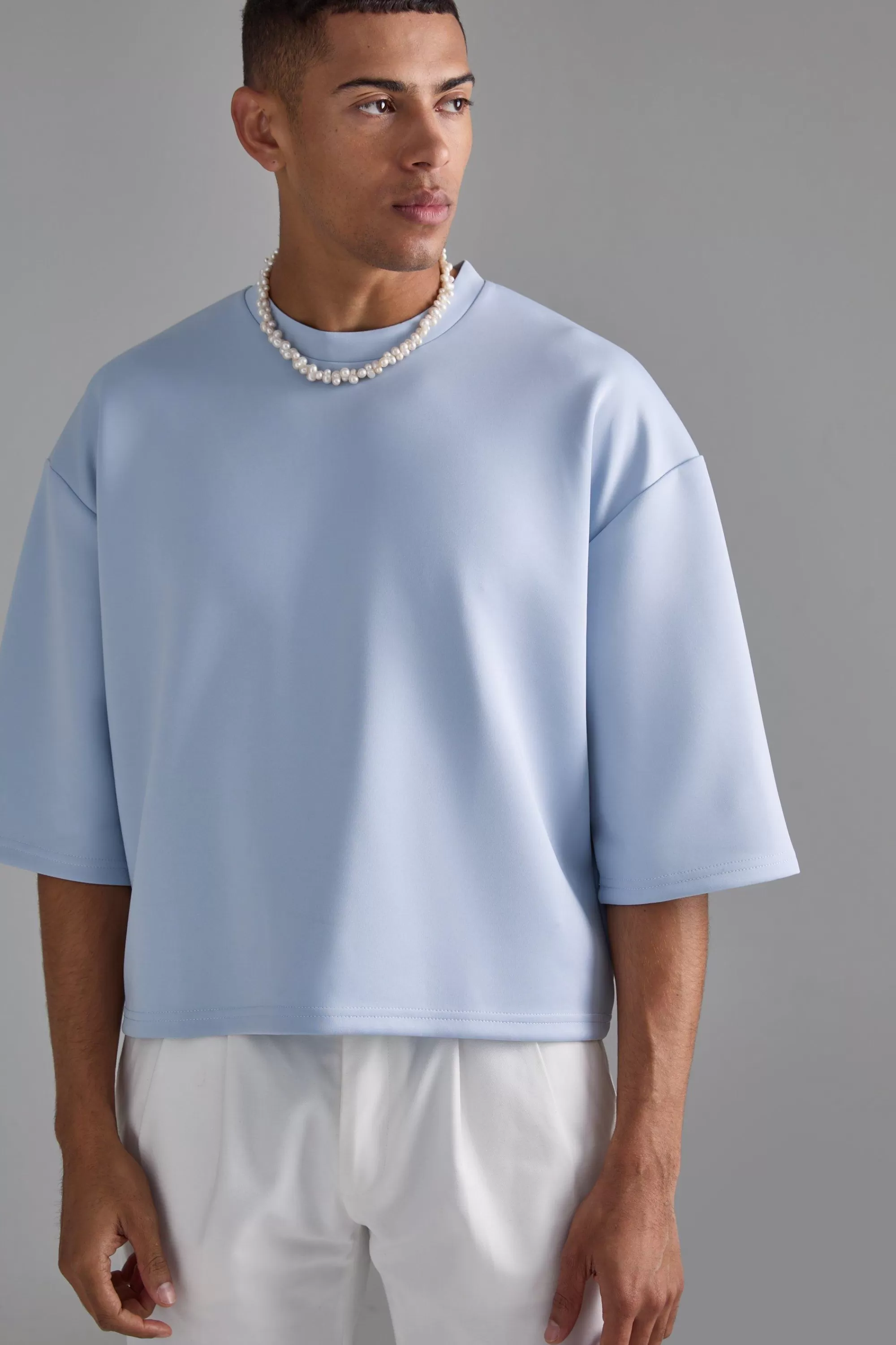 boohooMAN Oversized Extra Boxy Half Sleeve Scuba T-shirt | UK pastel blue Flash Sale