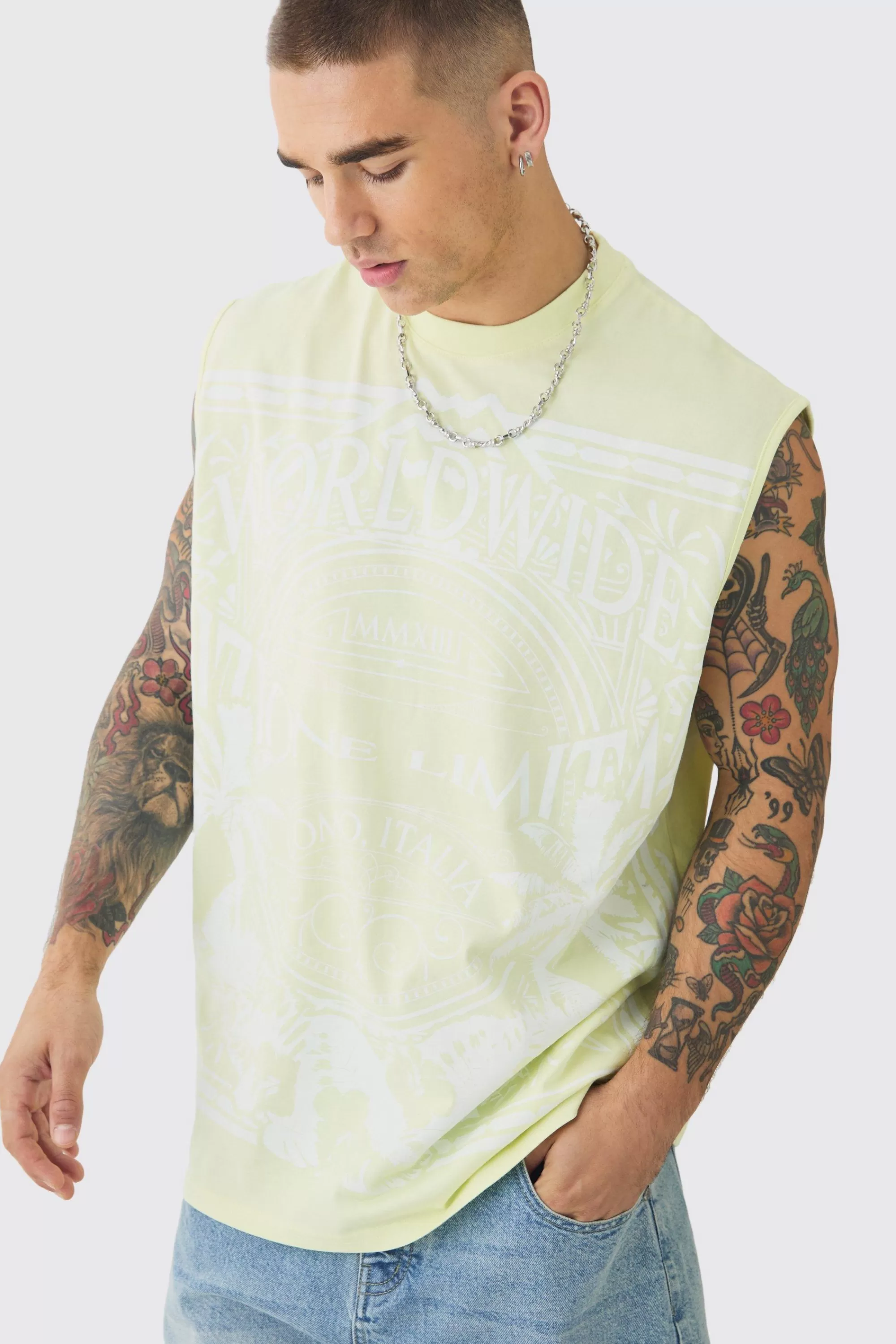 boohooMAN Oversized Faded Large Graphic Tank | UK yellow Shop