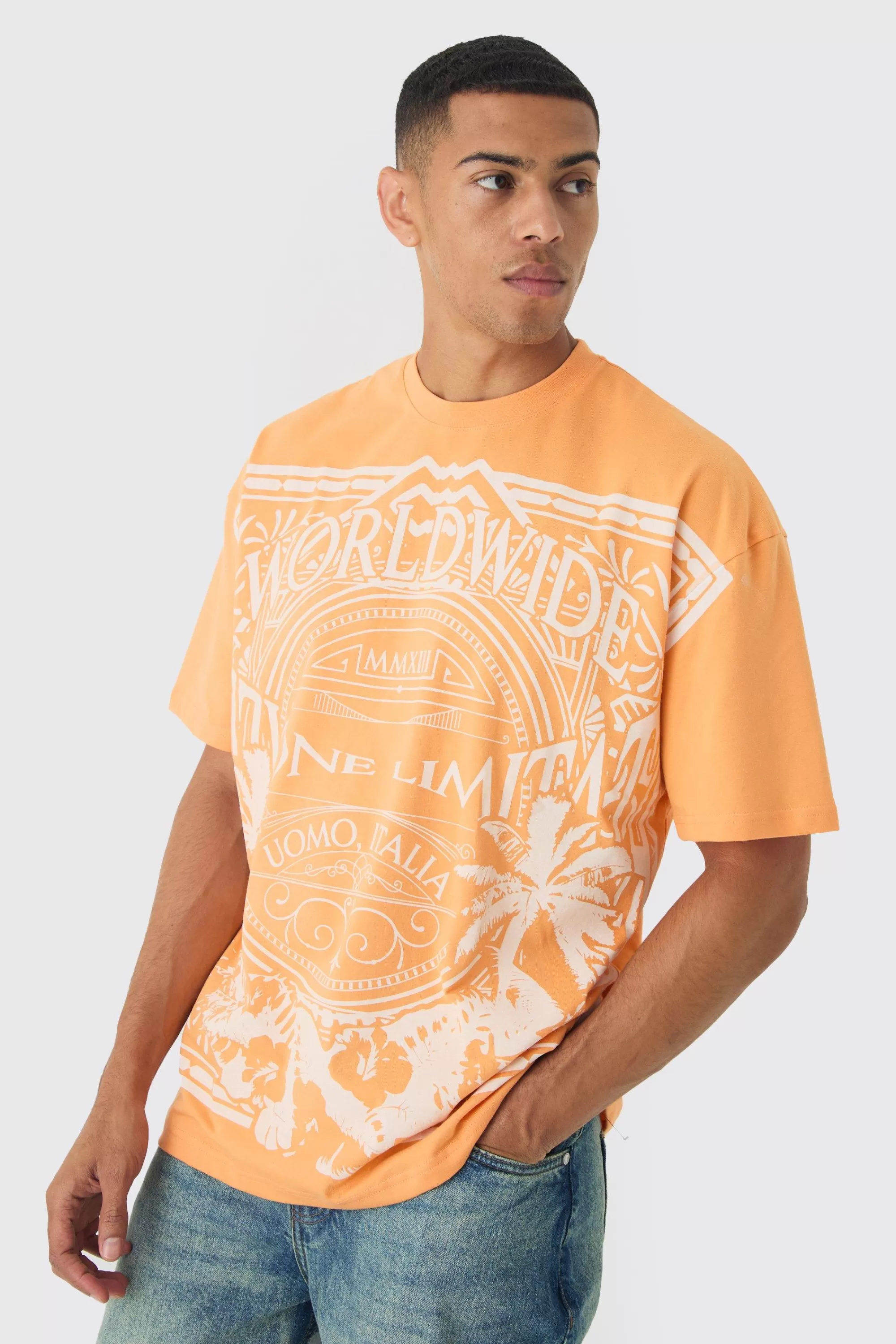 boohooMAN Oversized Faded Large Graphic T-shirt | UK orange Online