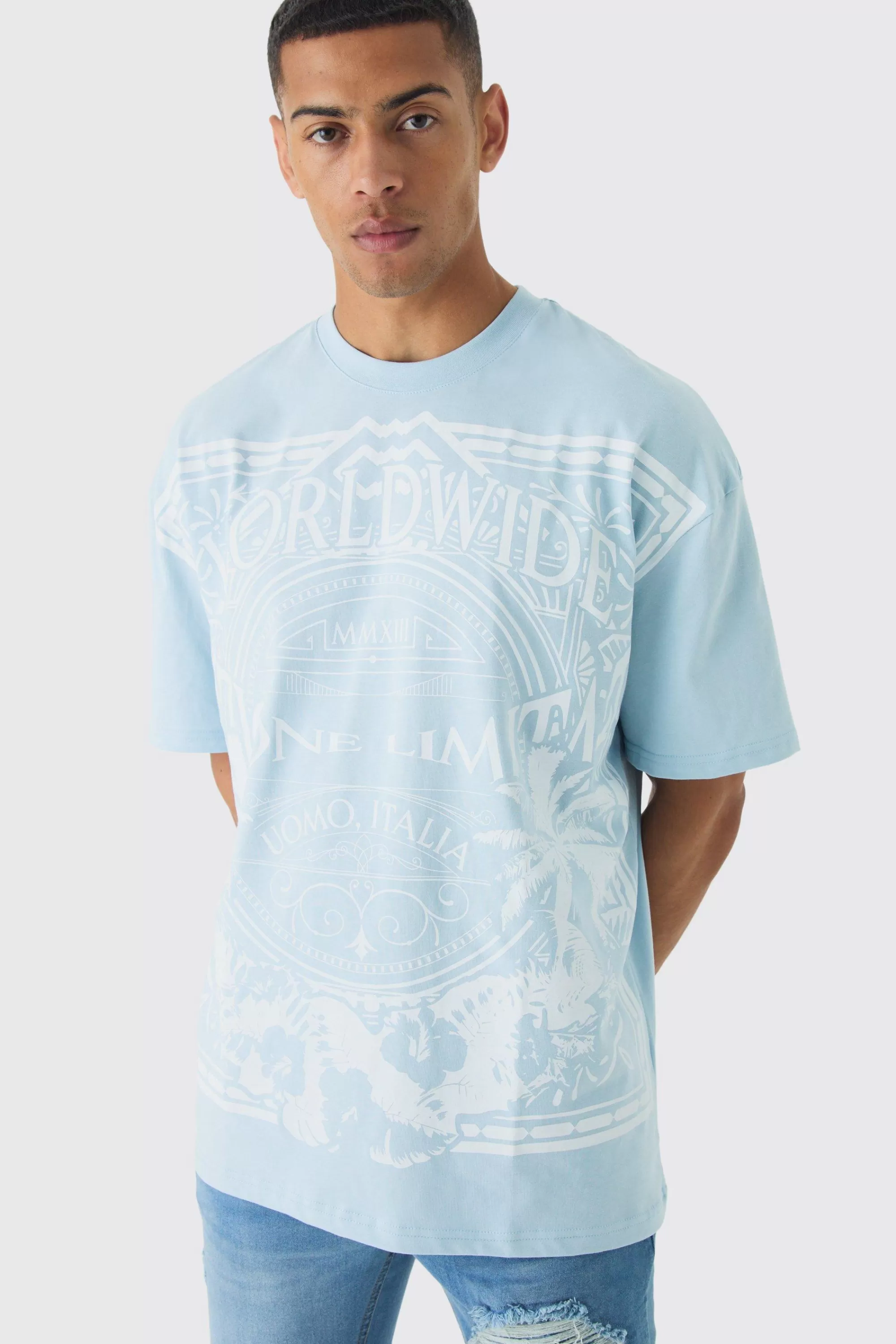 boohooMAN Oversized Faded Large Graphic T-shirt | UK light blue Online