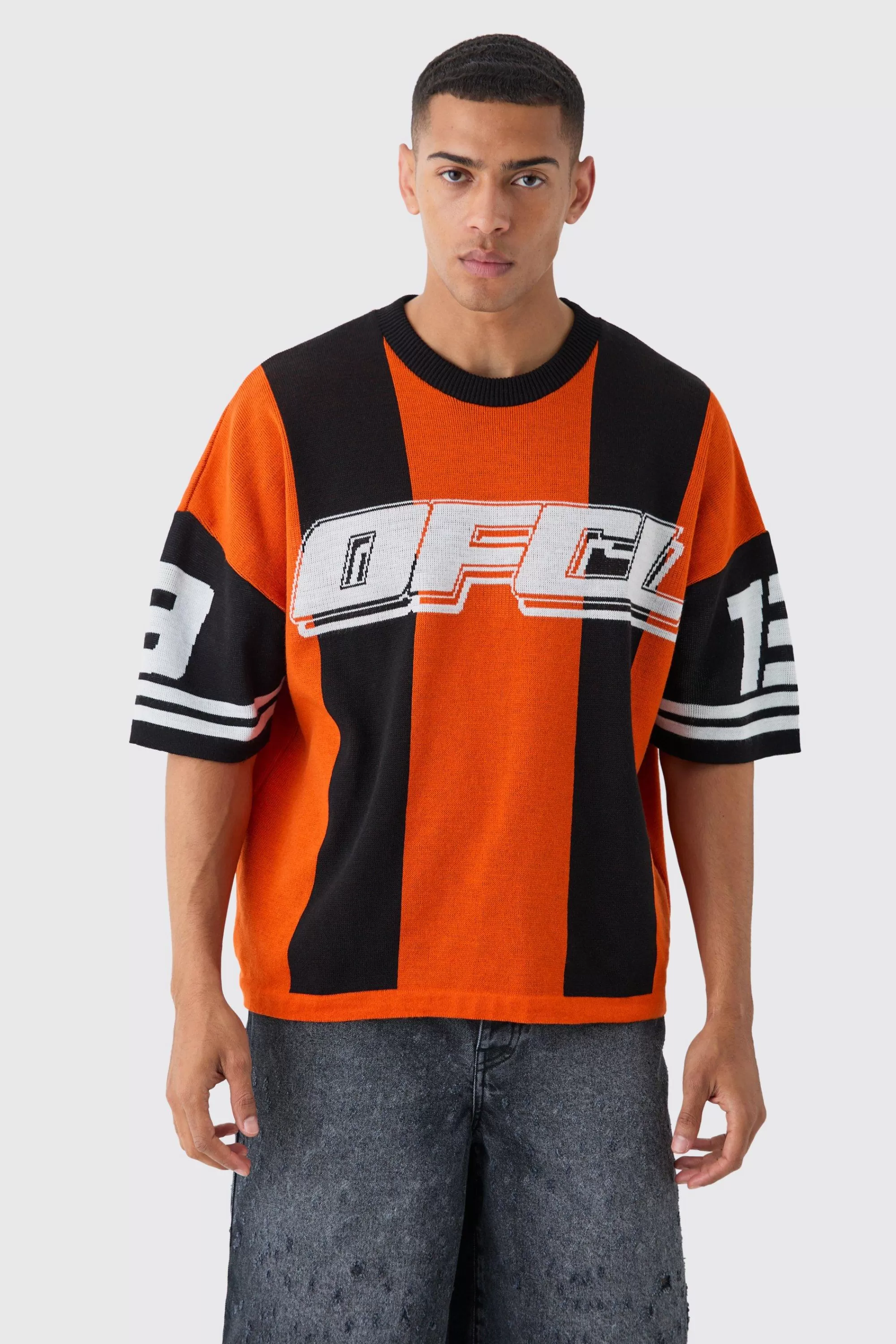 boohooMAN Oversized Football Knitted T-shirt | UK orange New