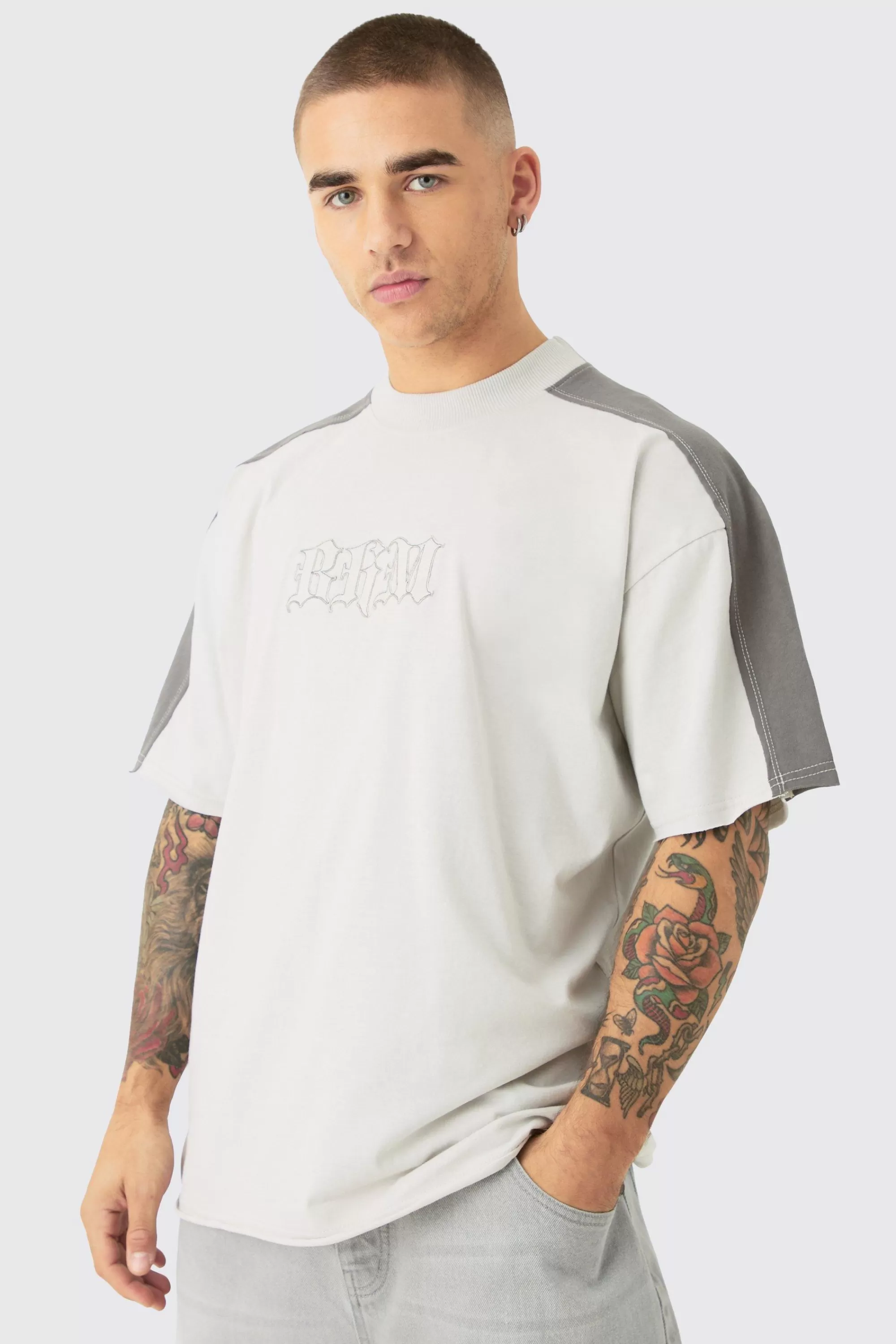 boohooMAN Oversized Gothic BM Applique T-shirt | UK grey Discount
