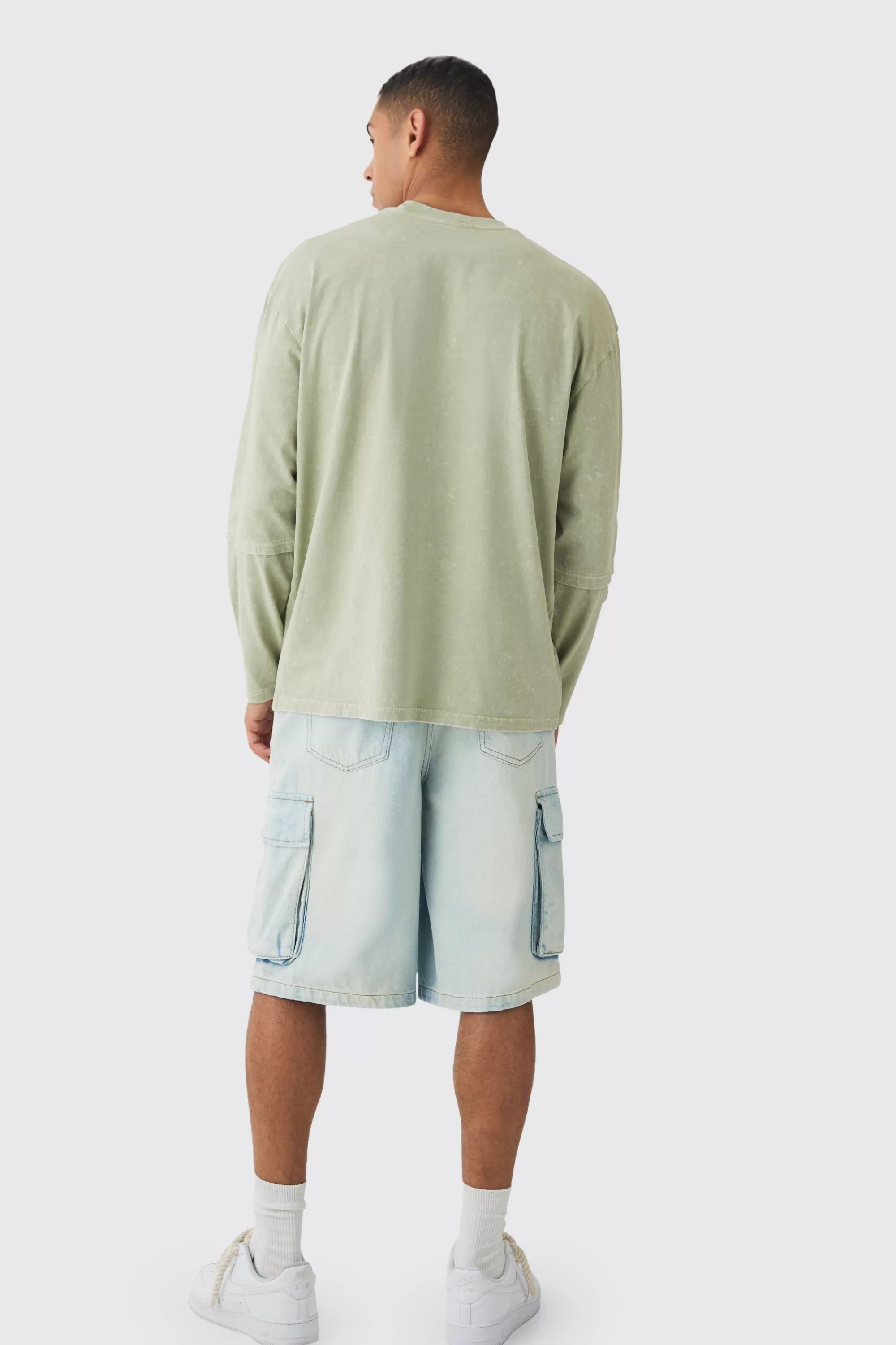 boohooMAN Oversized Half Faux Layer Oil Wash T-shirt | UK khaki Flash Sale