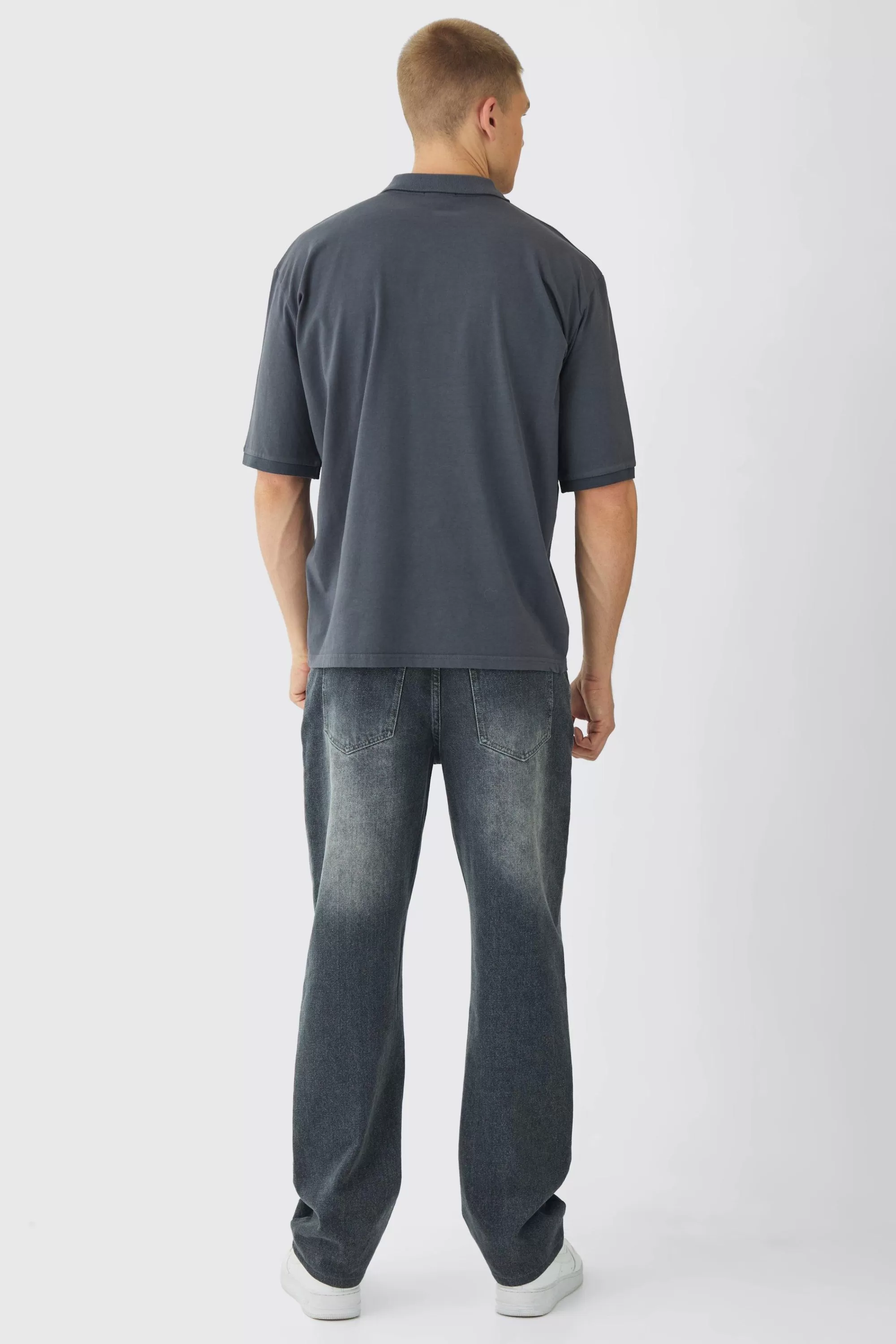 boohooMAN Oversized Half Sleeve Golf Wash Polo | UK grey Hot