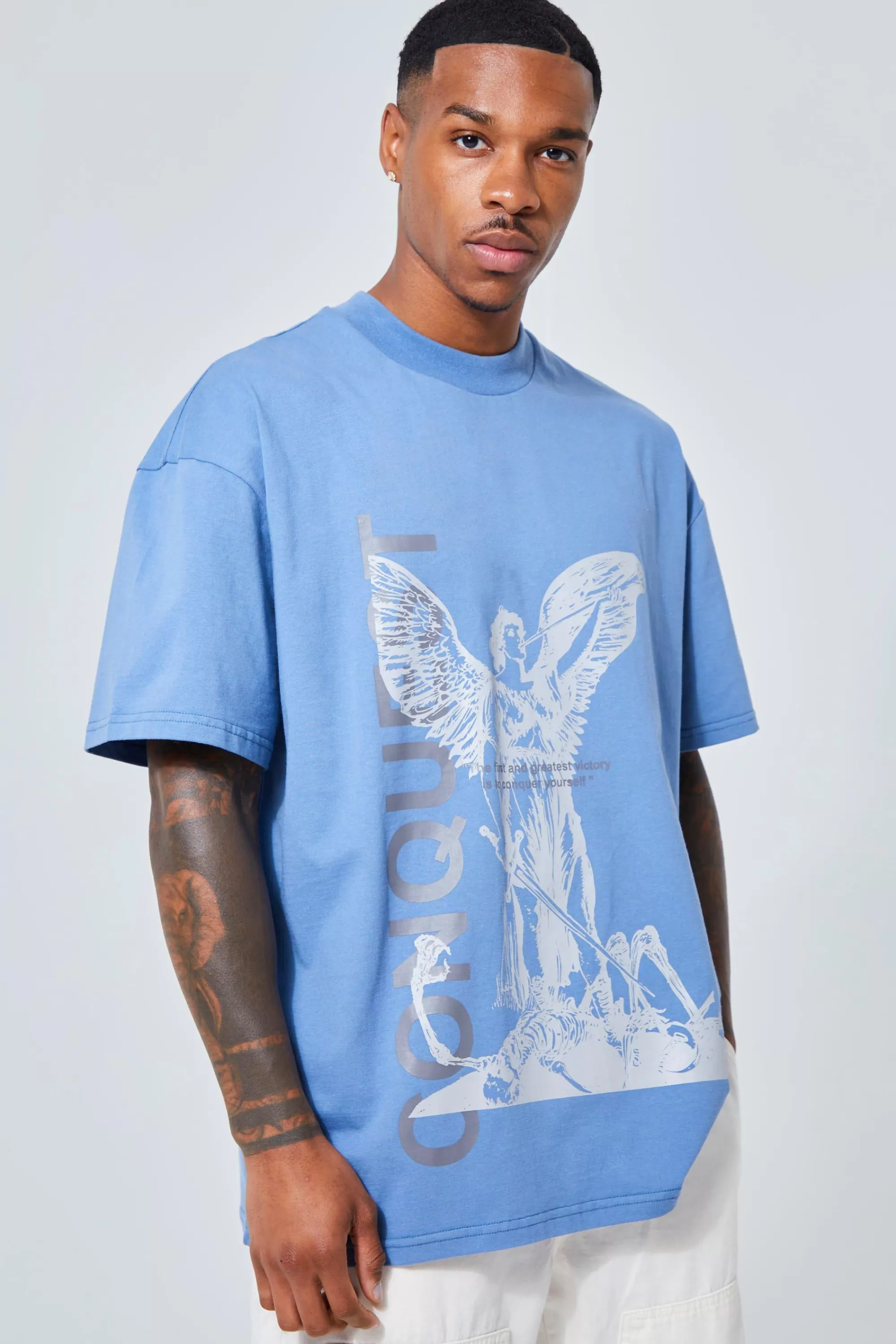 boohooMAN Oversized Heavy Conquest Renaissance T-shirt | UK dusty blue Outlet