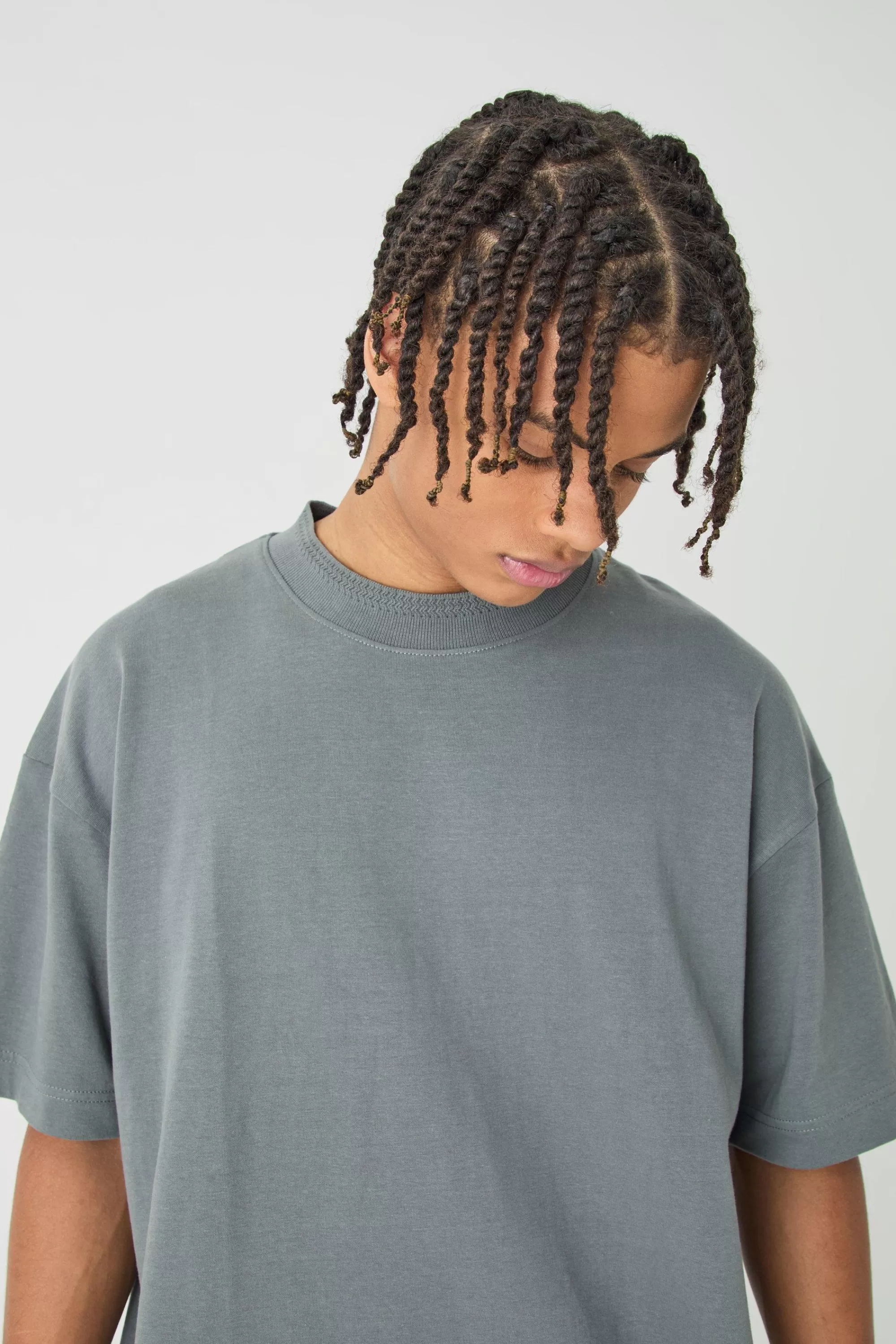 boohooMAN Oversized Heavy Extended Jacquard Neck T-shirt | UK slate Online