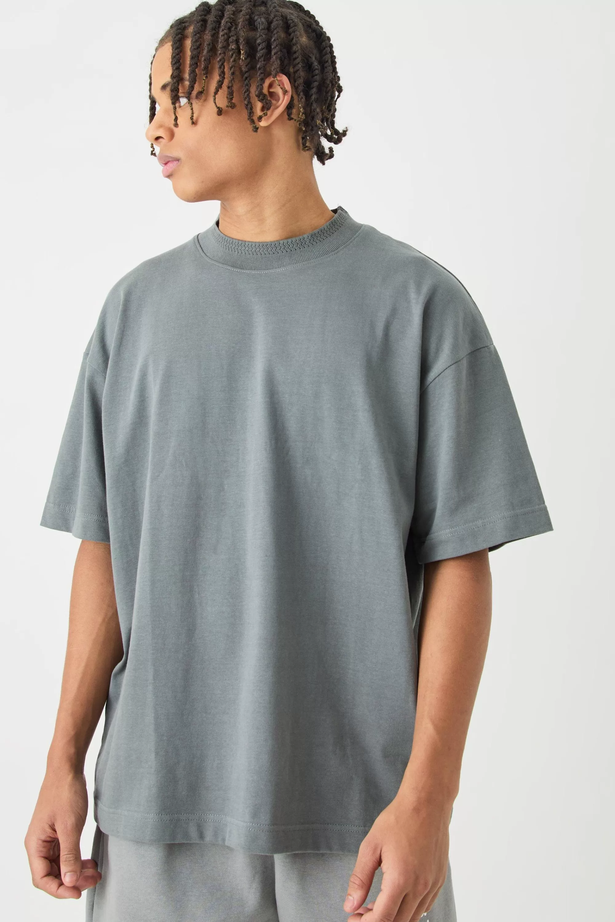 boohooMAN Oversized Heavy Extended Jacquard Neck T-shirt | UK slate Online