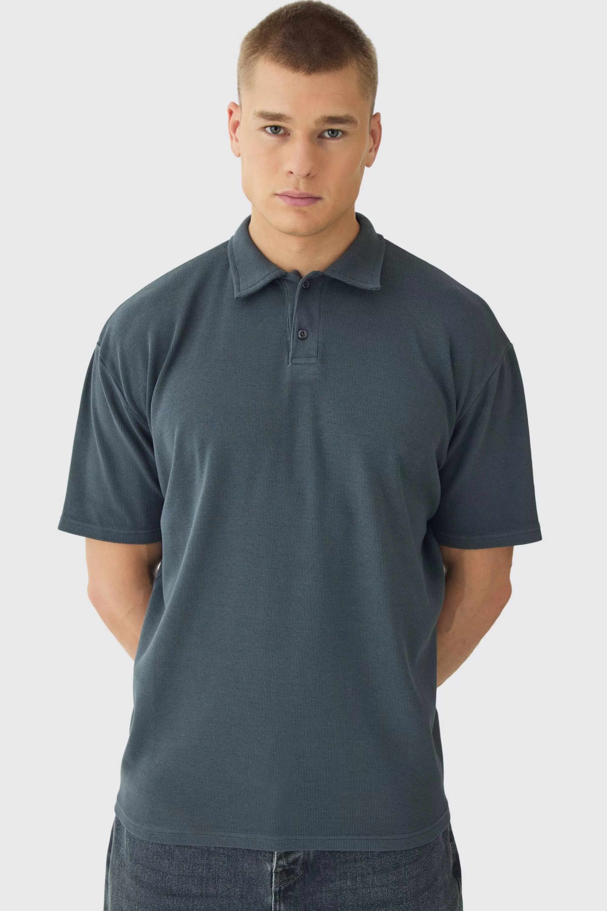 boohooMAN Oversized Heavy Rib Washed Polo | UK grey Online