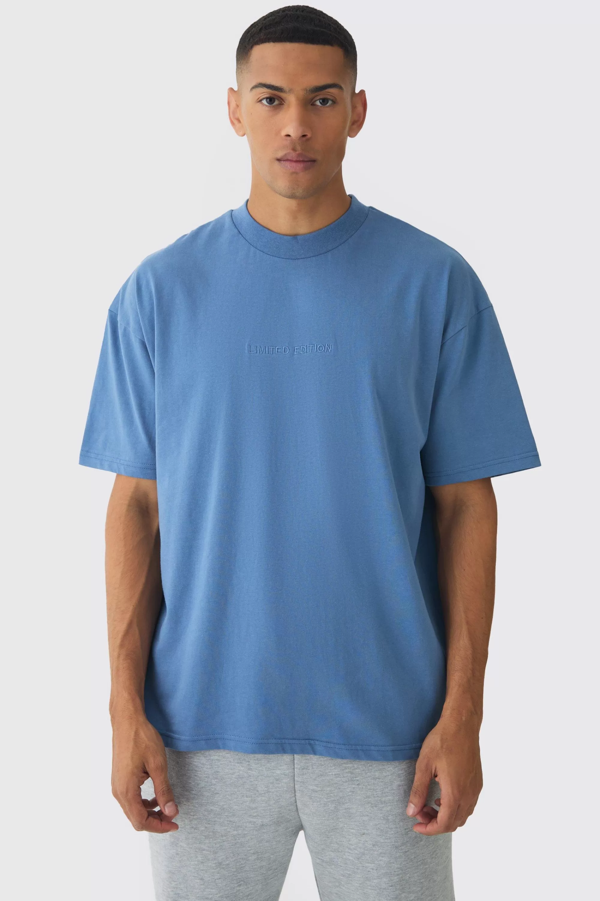 boohooMAN Oversized Heavyweight Extended Neck T-shirt | UK dusty blue Cheap