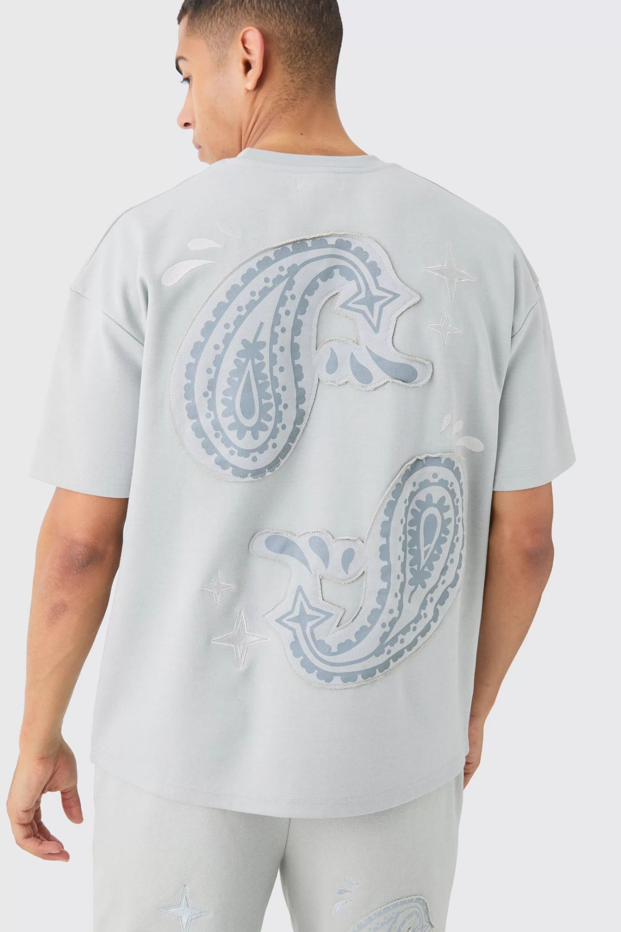 boohooMAN Oversized Heavyweight Paisley Applique T-shirt | UK grey Sale