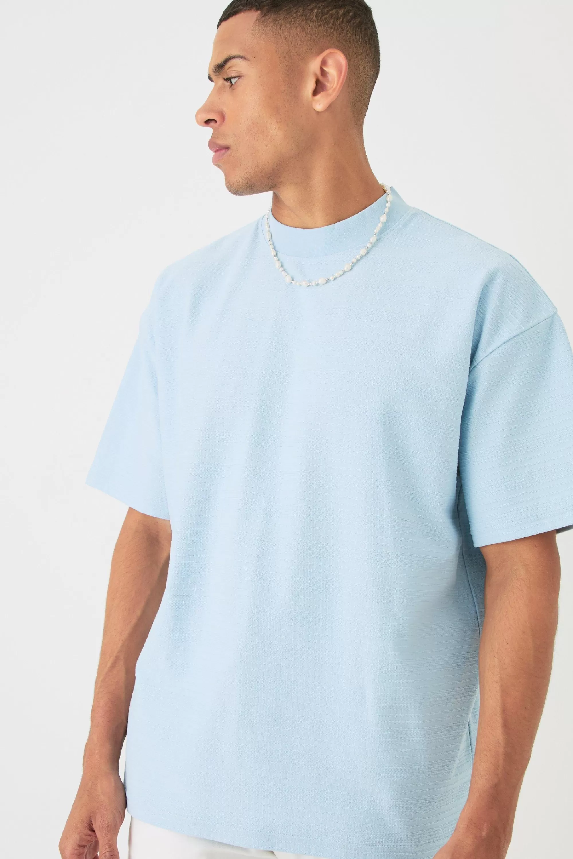 boohooMAN Oversized Jacquard Raised Striped Extended Neck T-shirt | UK dusty blue Discount