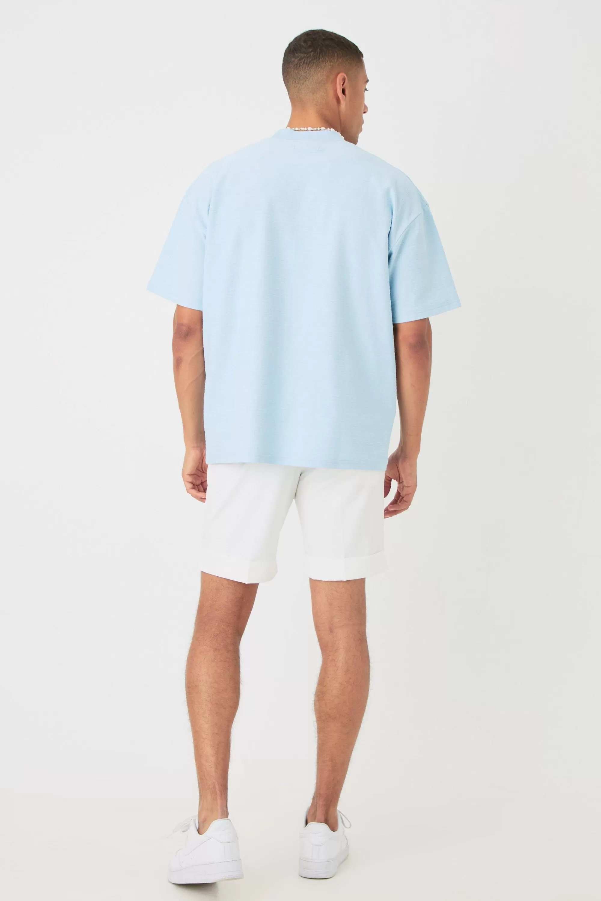 boohooMAN Oversized Jacquard Raised Striped Extended Neck T-shirt | UK dusty blue Discount