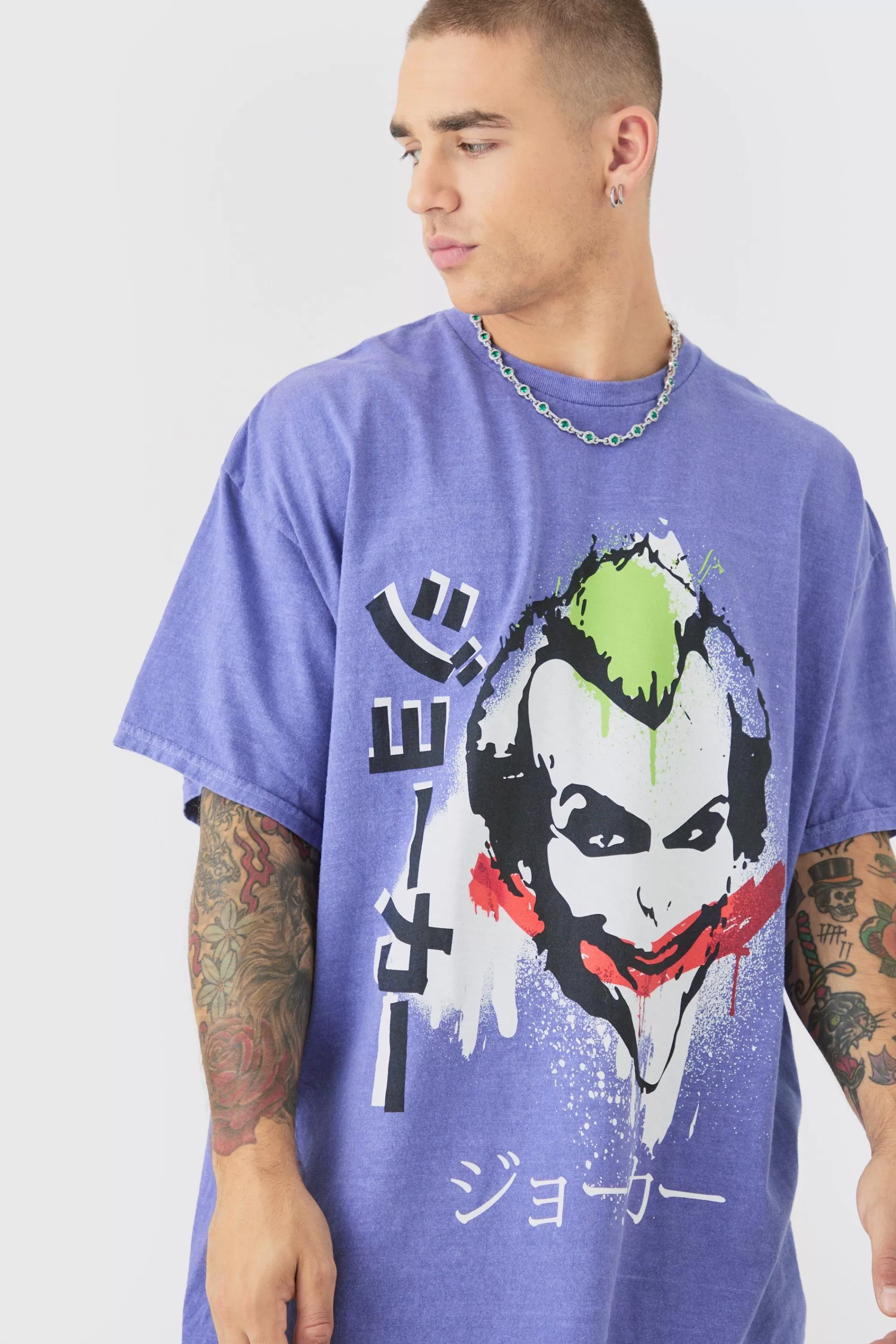 boohooMAN Oversized Joker Anime Wash License T-shirt | UK purple New