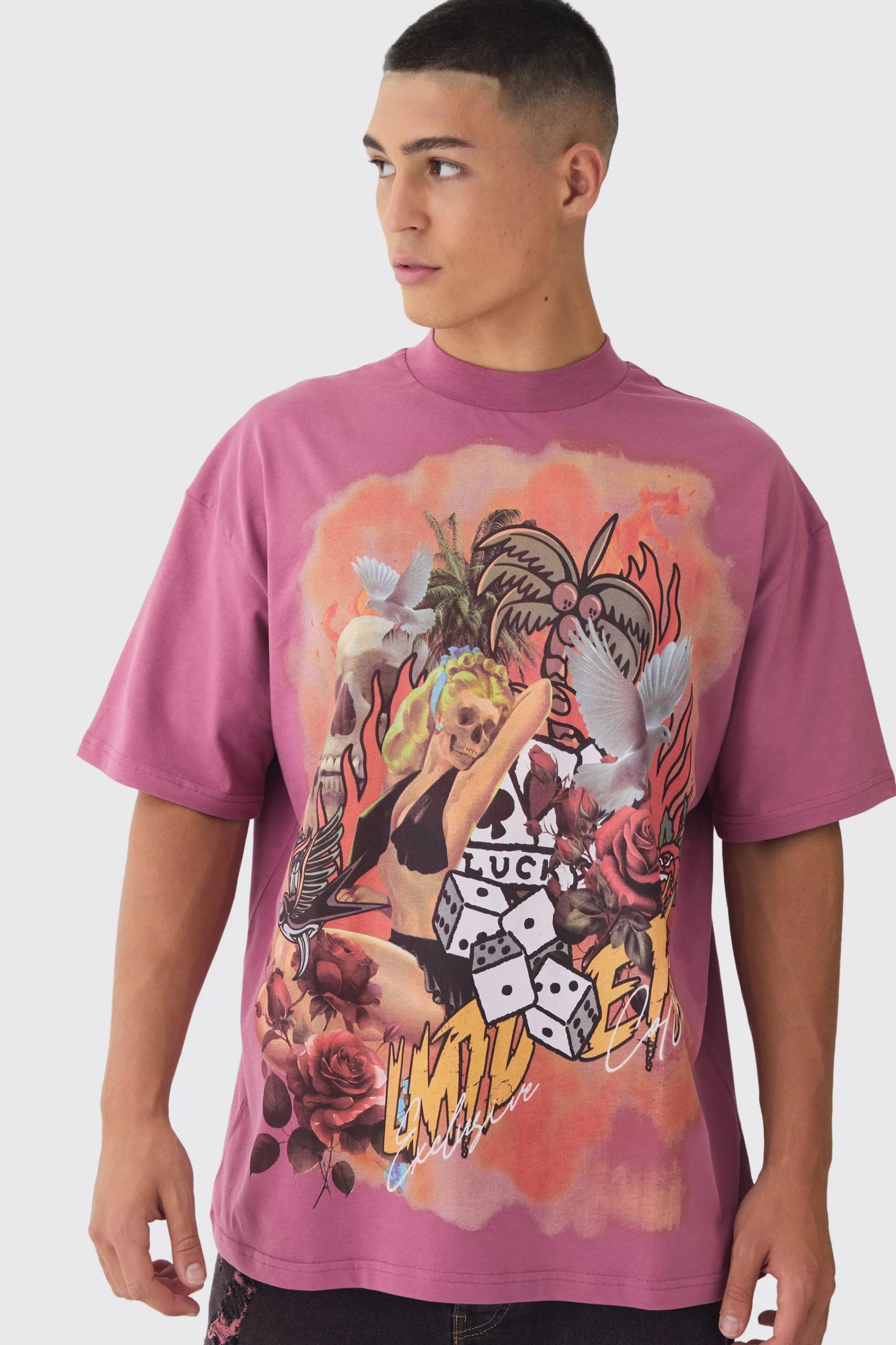 boohooMAN Oversized Large Scale Limited Edition Tattoo Graphic T-Shirt | UK mauve Flash Sale