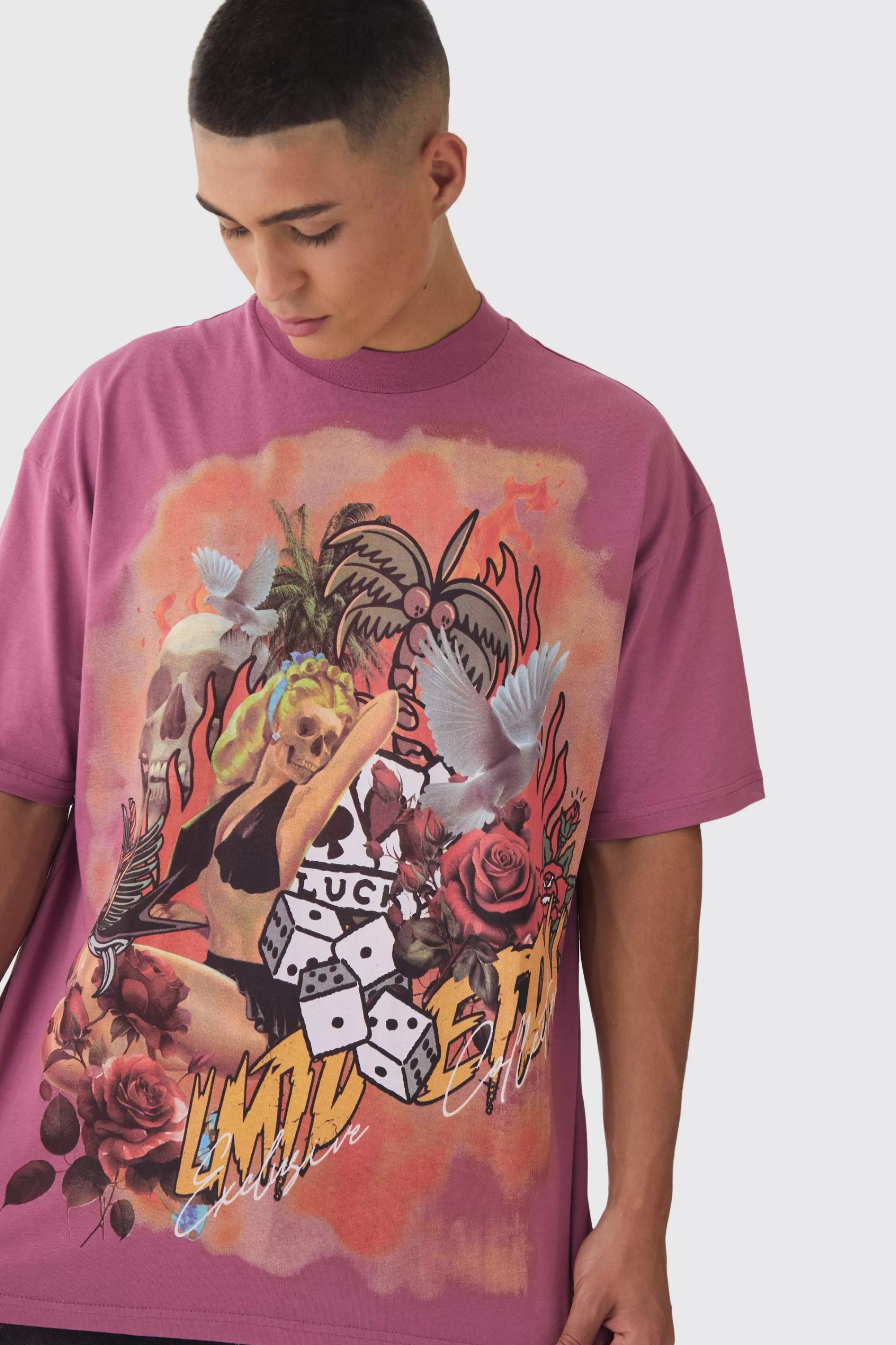 boohooMAN Oversized Large Scale Limited Edition Tattoo Graphic T-Shirt | UK mauve Flash Sale
