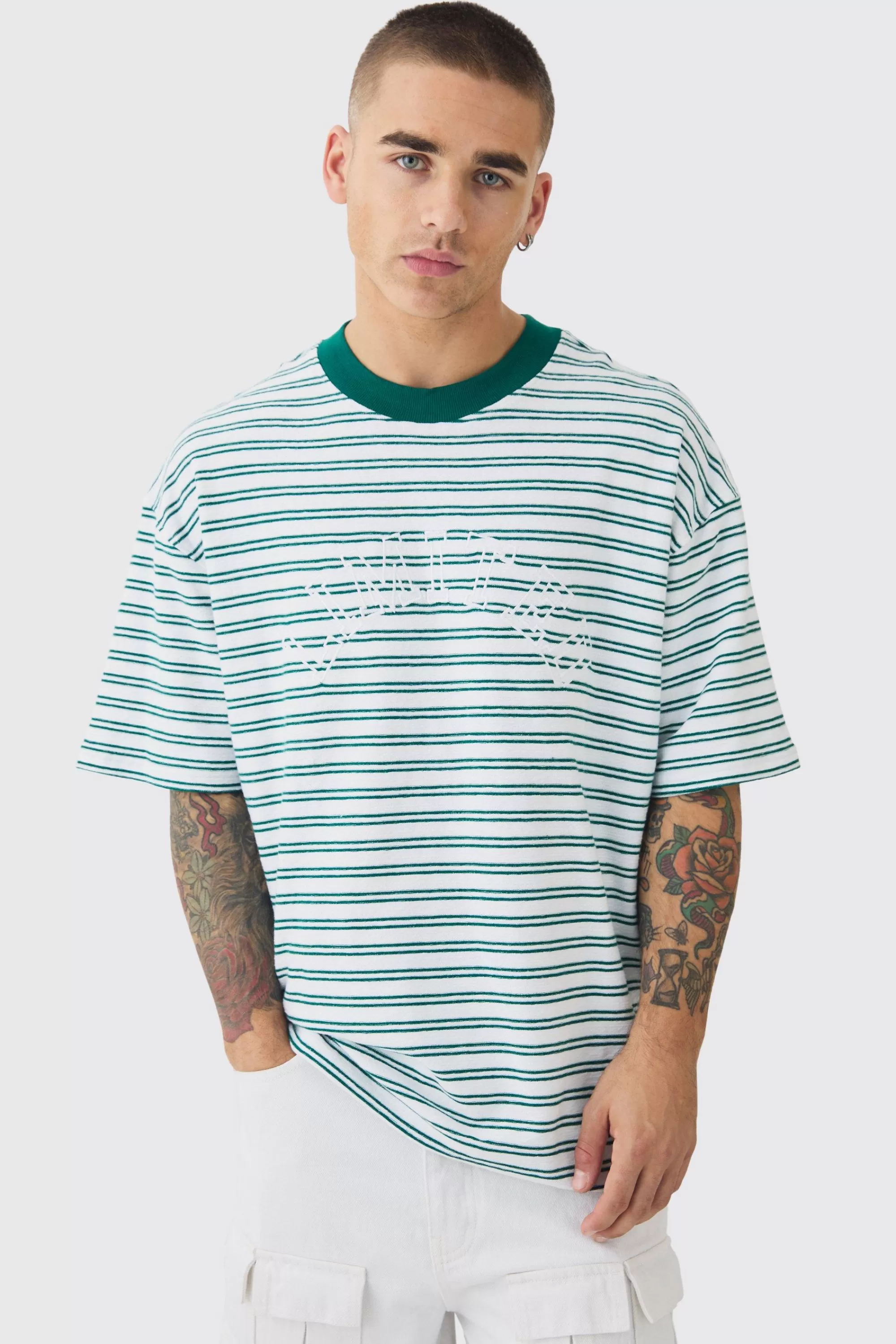 boohooMAN Oversized Limited Ribbed Striped T-shirt | UK multi Outlet