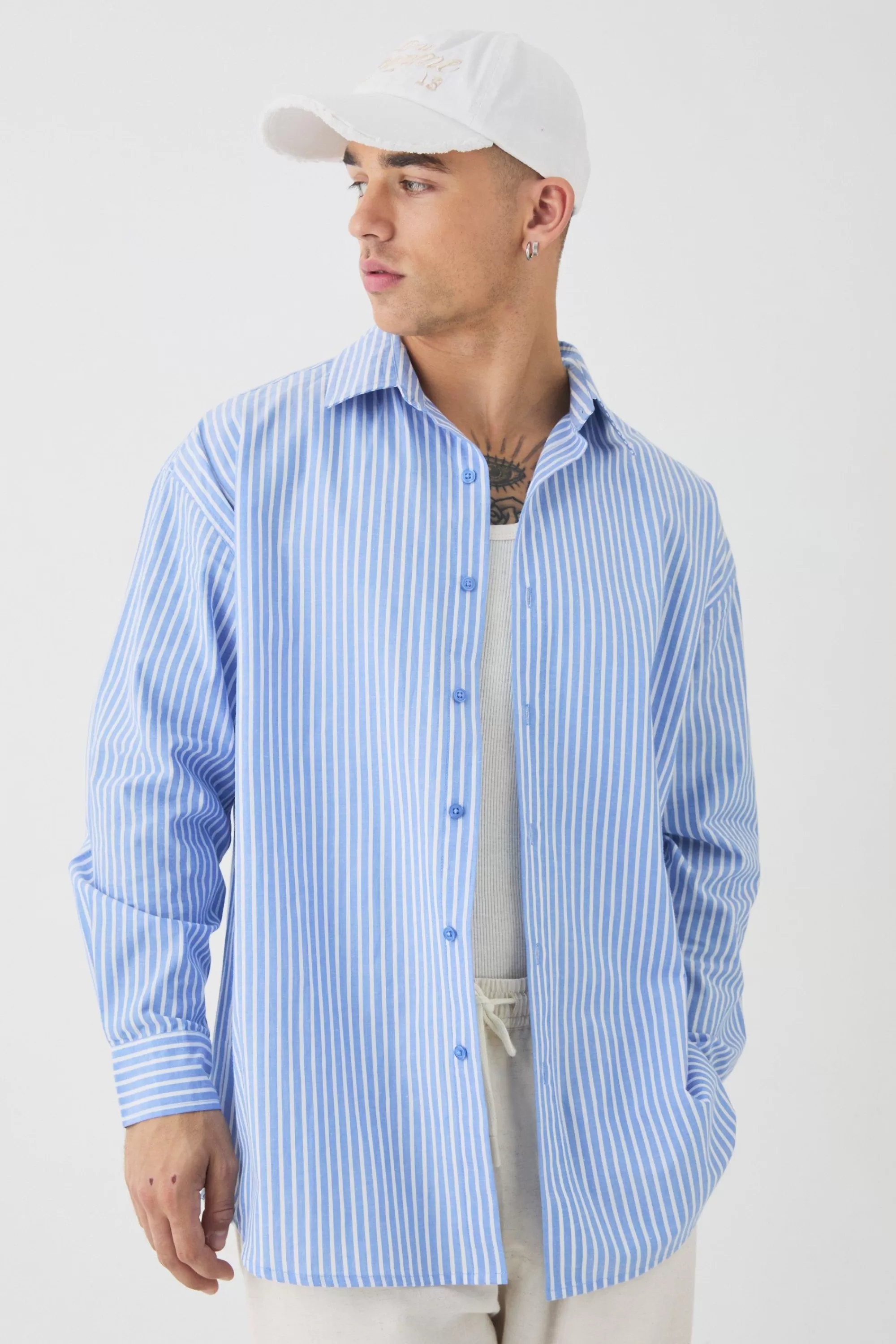boohooMAN Oversized Long Sleeve Striped Shirt In Blue | UK light blue Hot