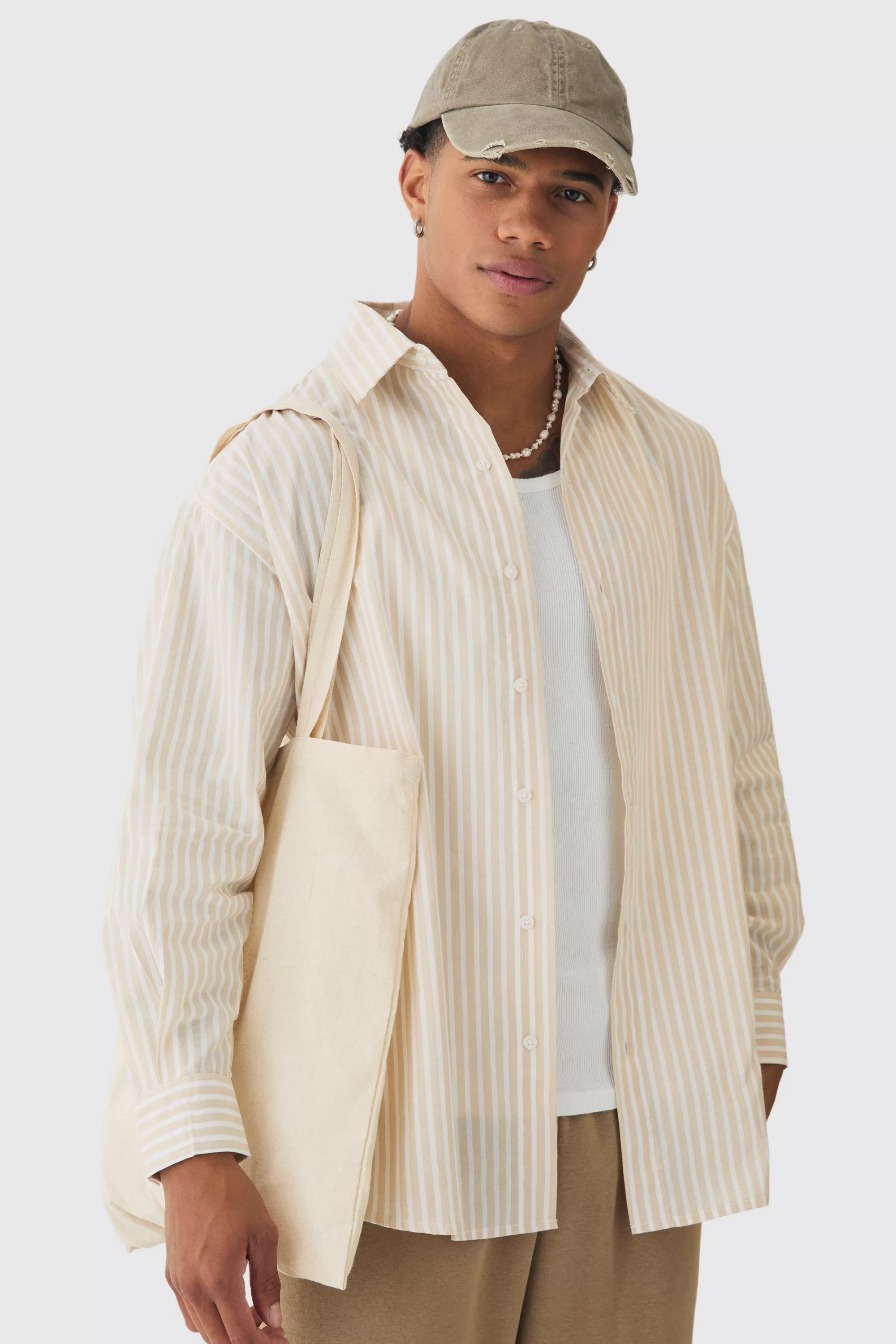 boohooMAN Oversized Long Sleeve Striped Shirt In | UK stone Fashion