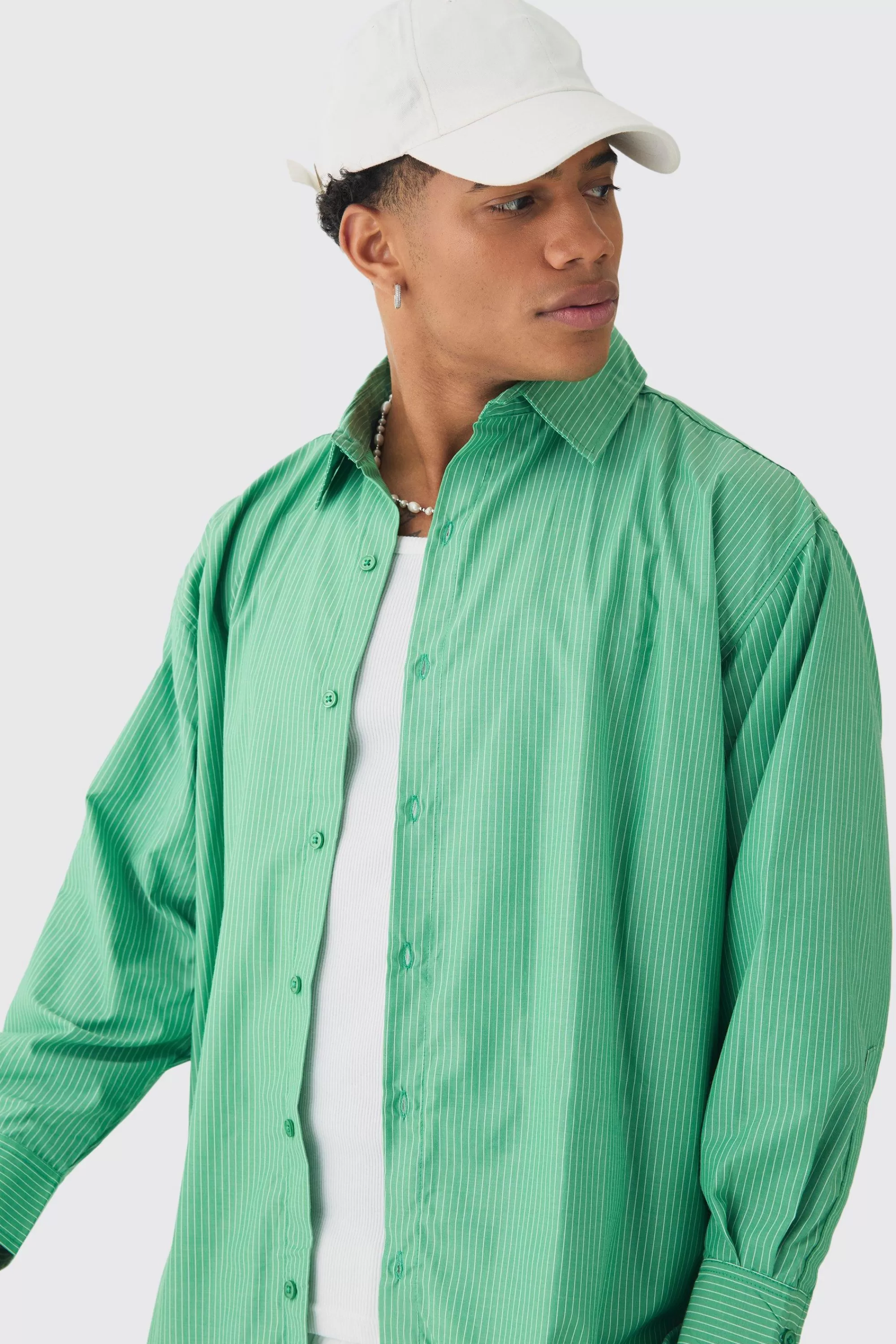 boohooMAN Oversized Long Sleeved Striped Shirt In | UK green New