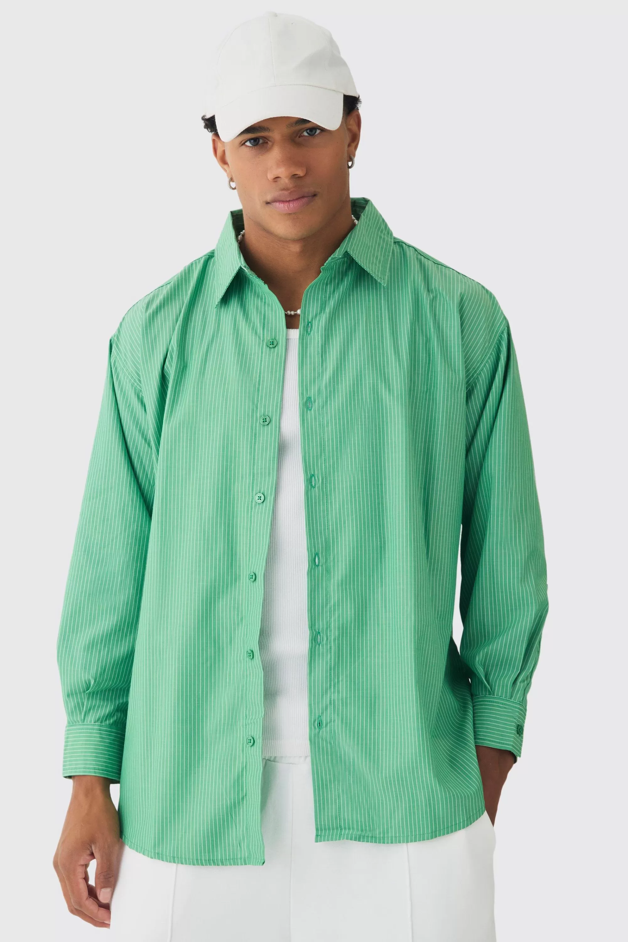 boohooMAN Oversized Long Sleeved Striped Shirt In | UK green New