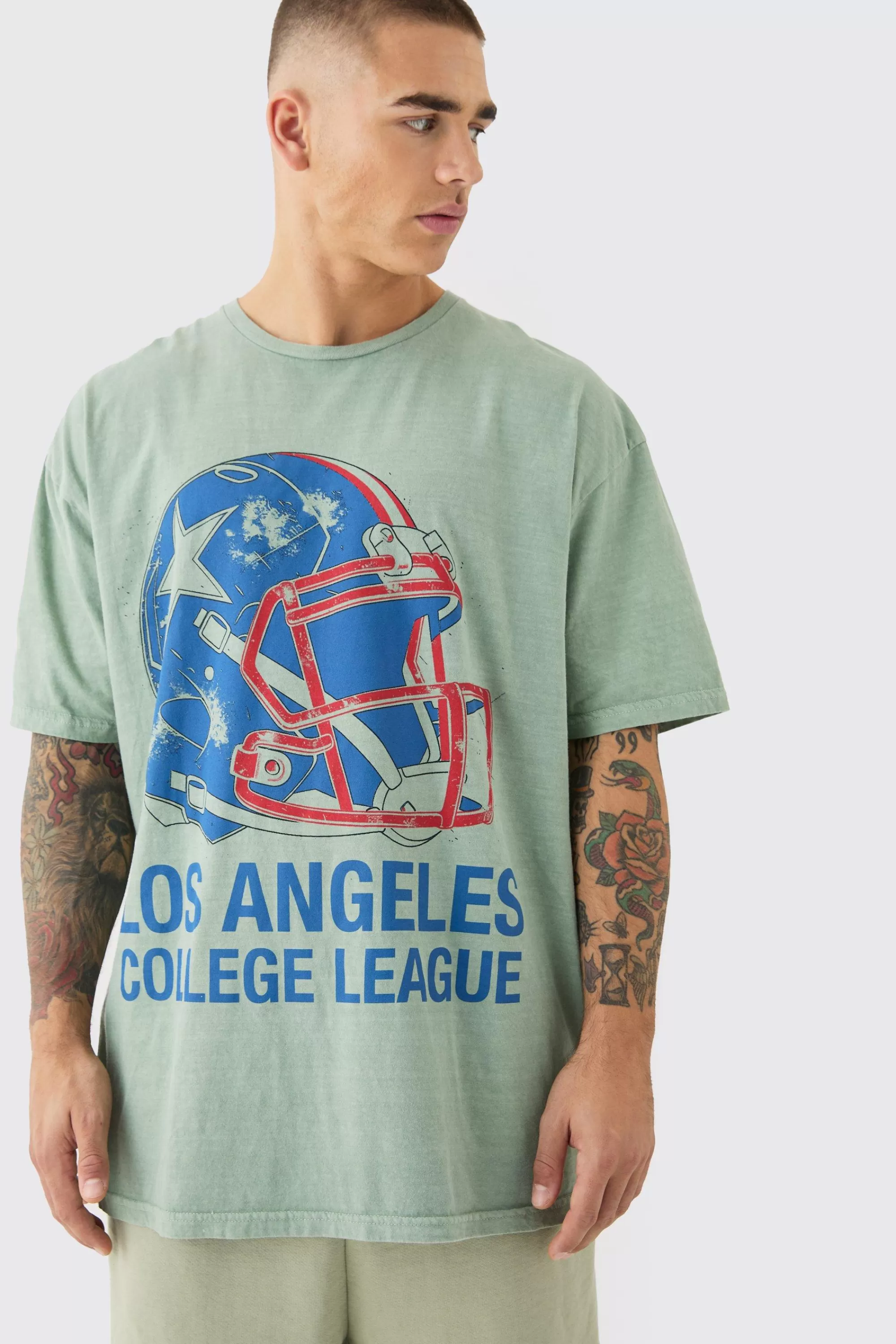 boohooMAN Oversized Los Angeles Varsity Wash T-shirt | UK khaki Cheap