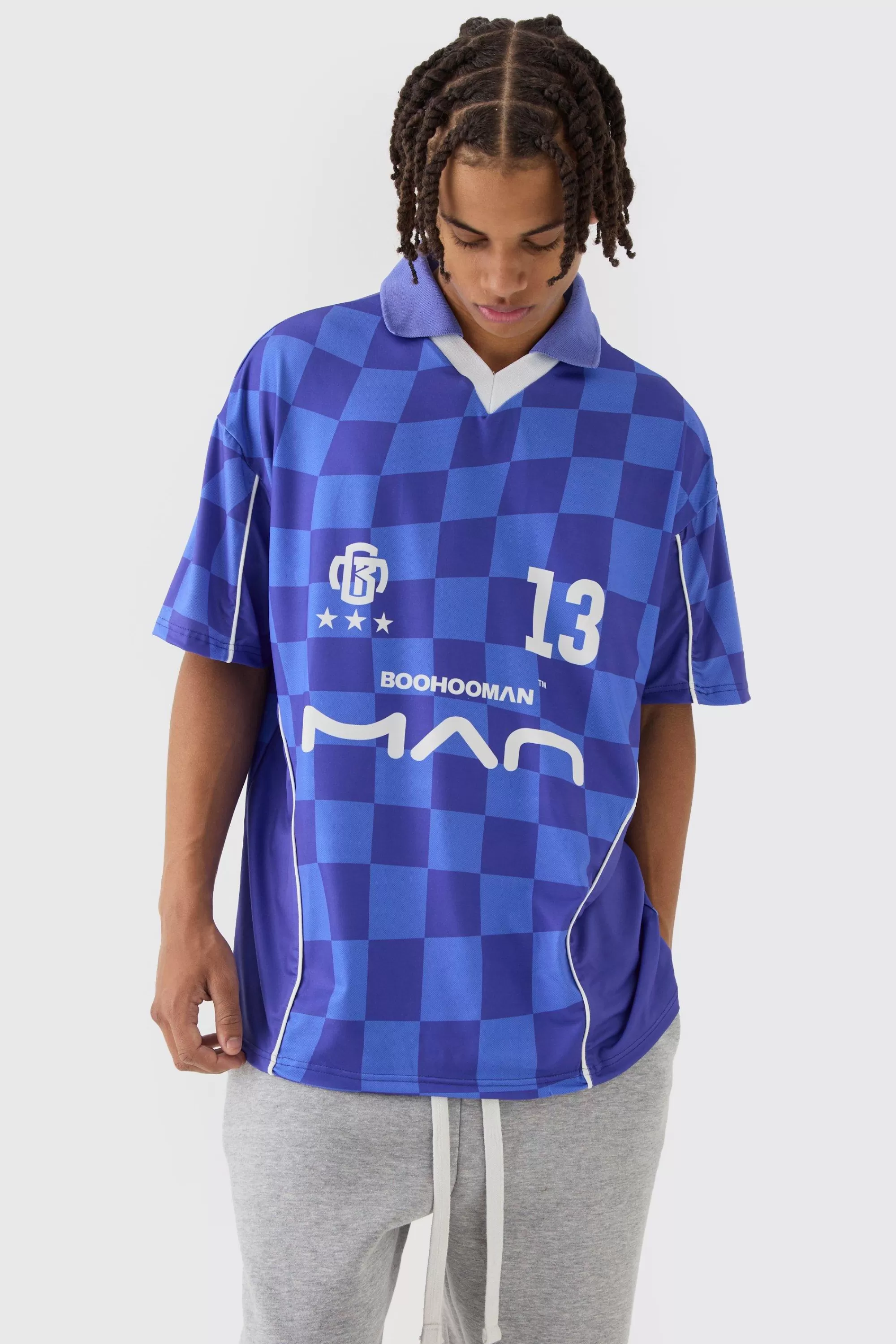 boohooMAN Oversized Man Checkerboard Football Top | UK cobalt Hot