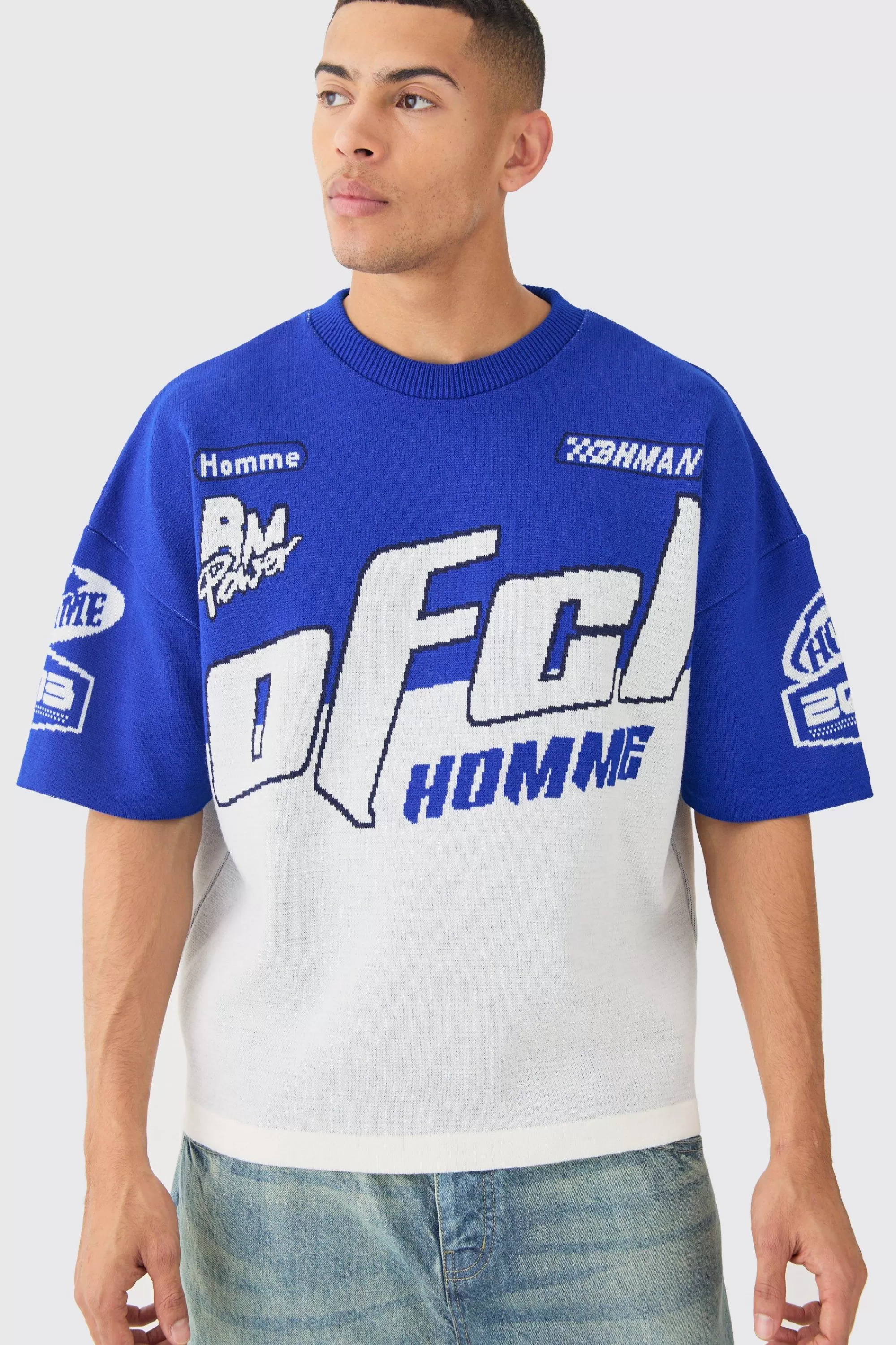 boohooMAN Oversized Moto Knitted T-shirt | UK cobalt Flash Sale