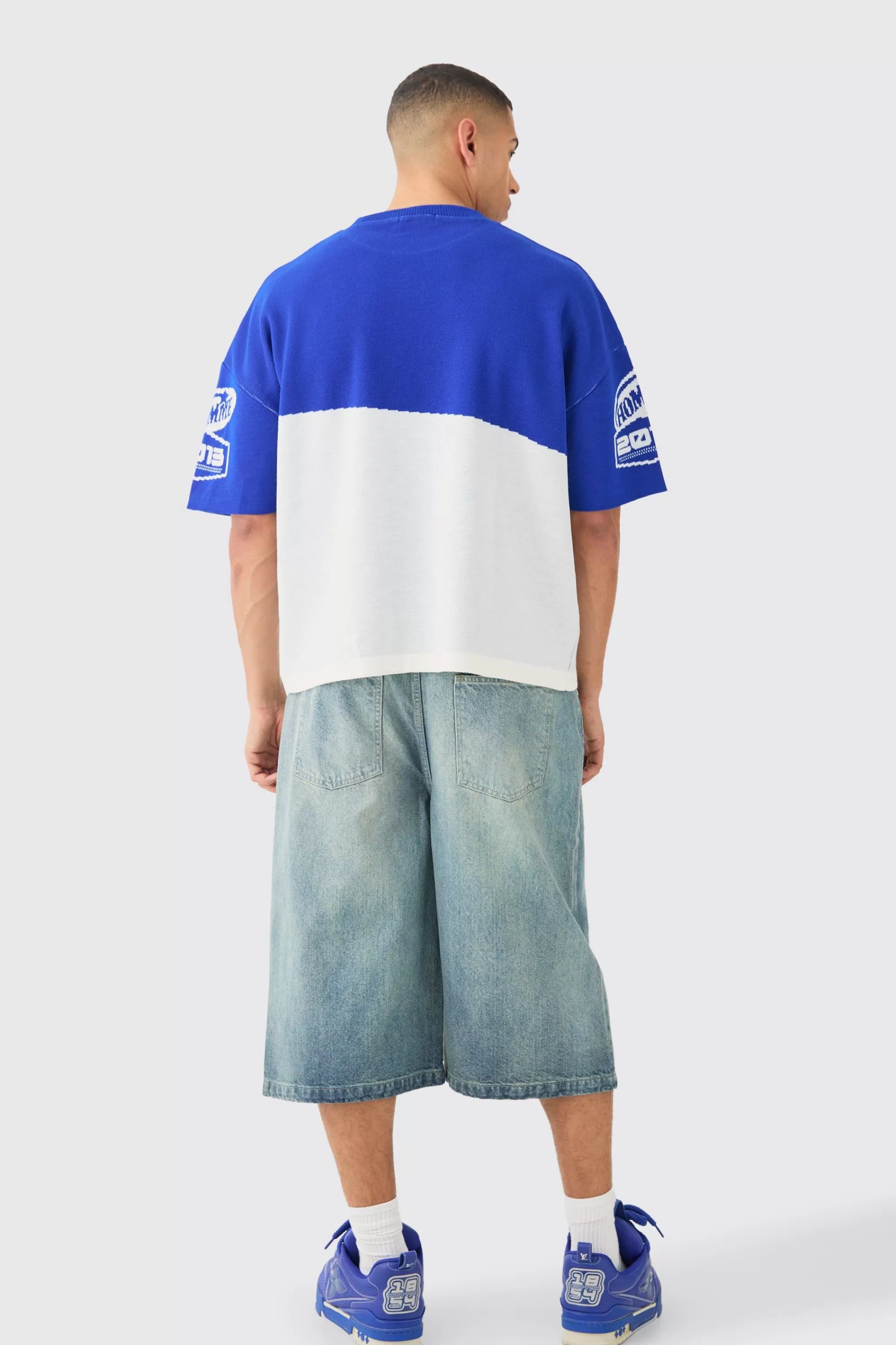 boohooMAN Oversized Moto Knitted T-shirt | UK cobalt Flash Sale