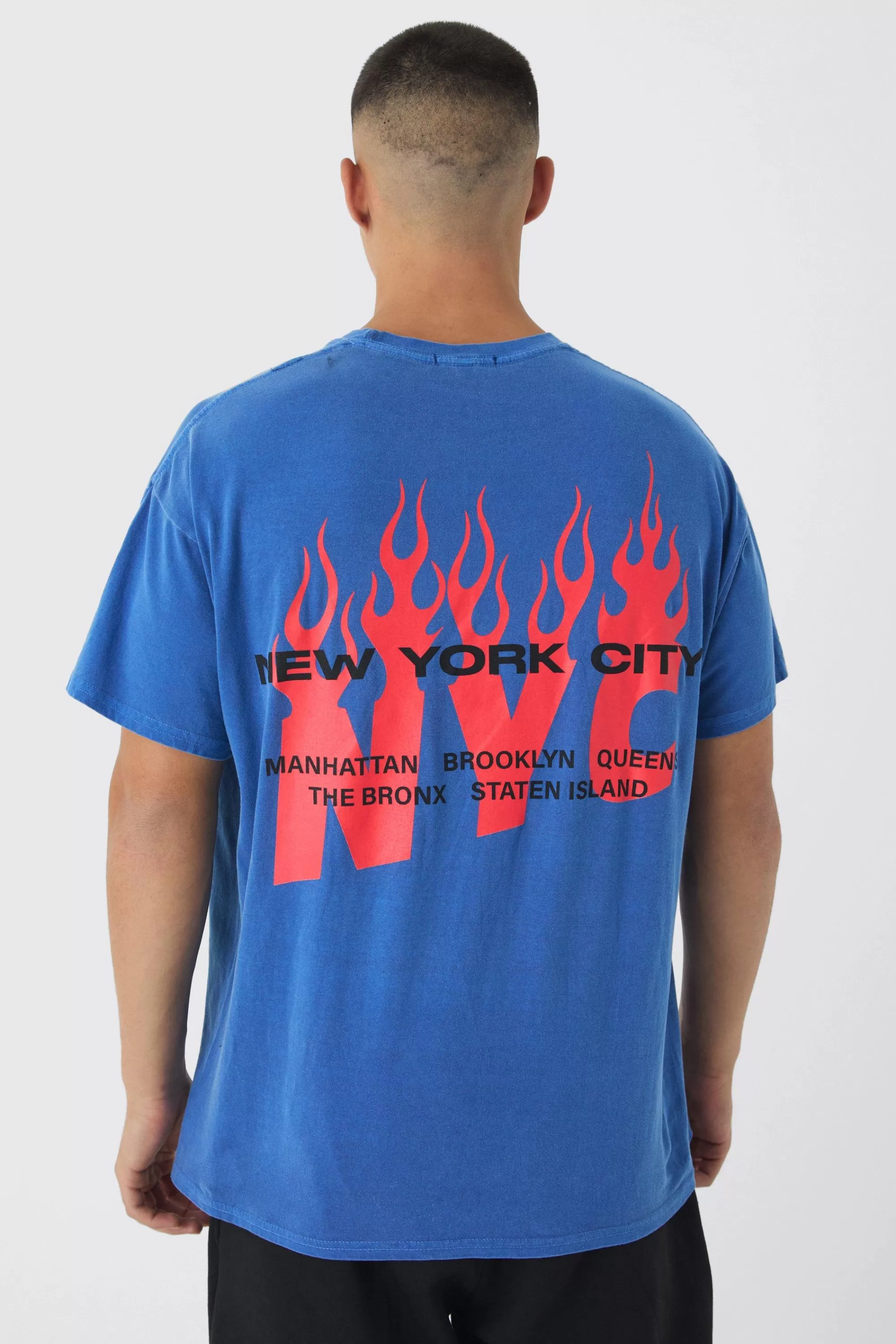 boohooMAN Oversized NYC Washed Flame Back Print T-Shirt | UK cobalt Sale