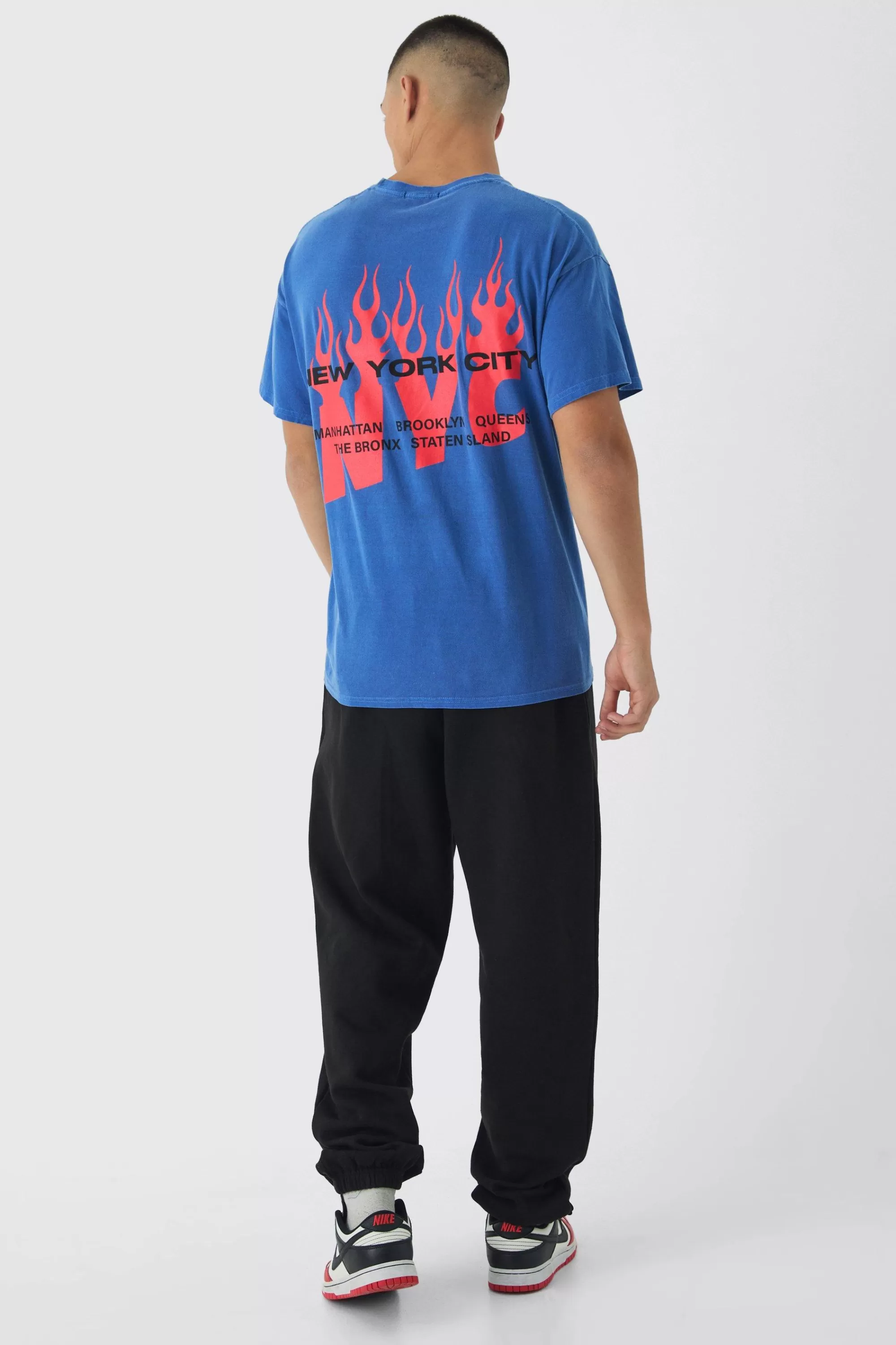 boohooMAN Oversized NYC Washed Flame Back Print T-Shirt | UK cobalt Sale