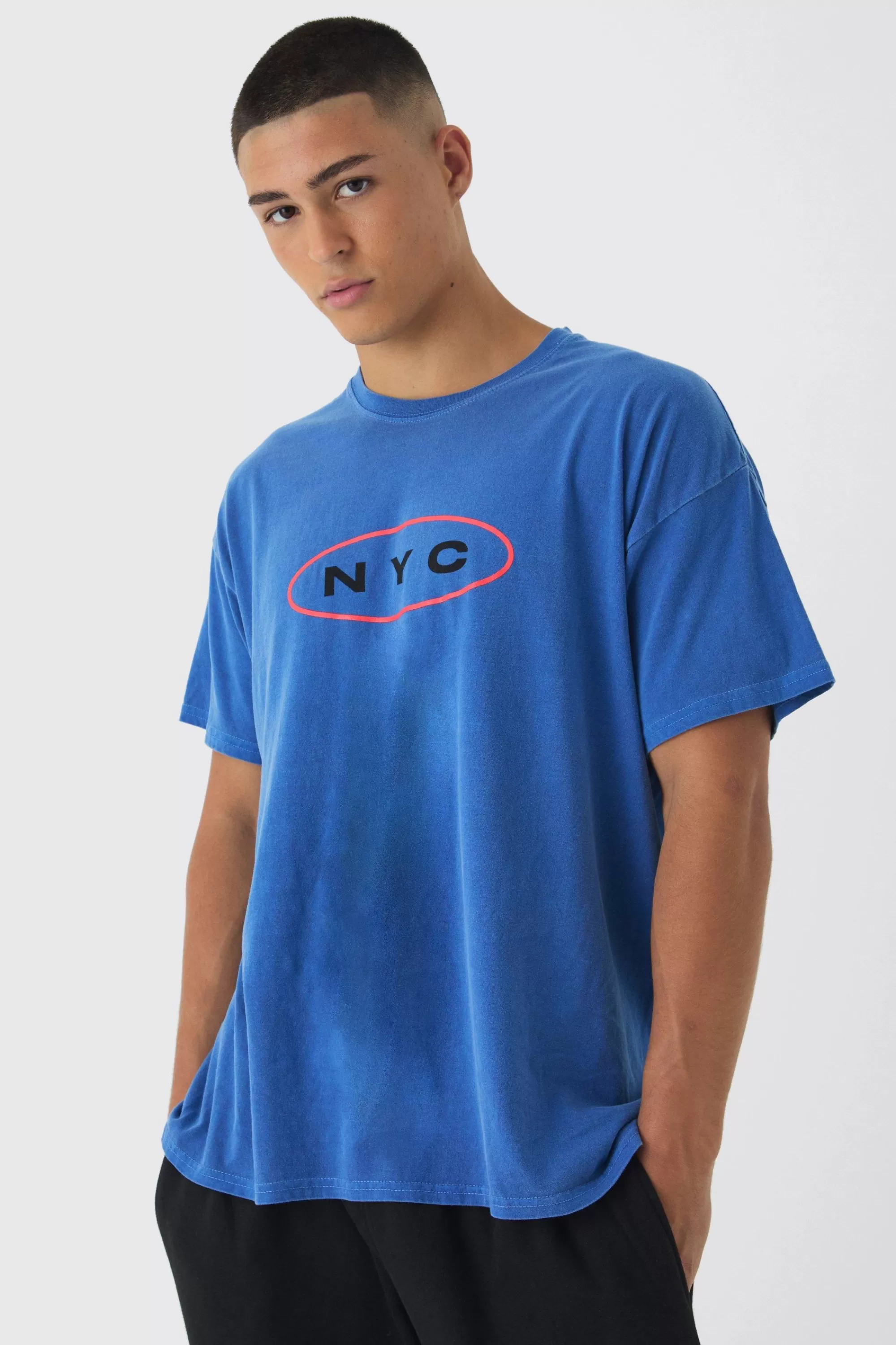 boohooMAN Oversized NYC Washed Flame Back Print T-Shirt | UK cobalt Sale