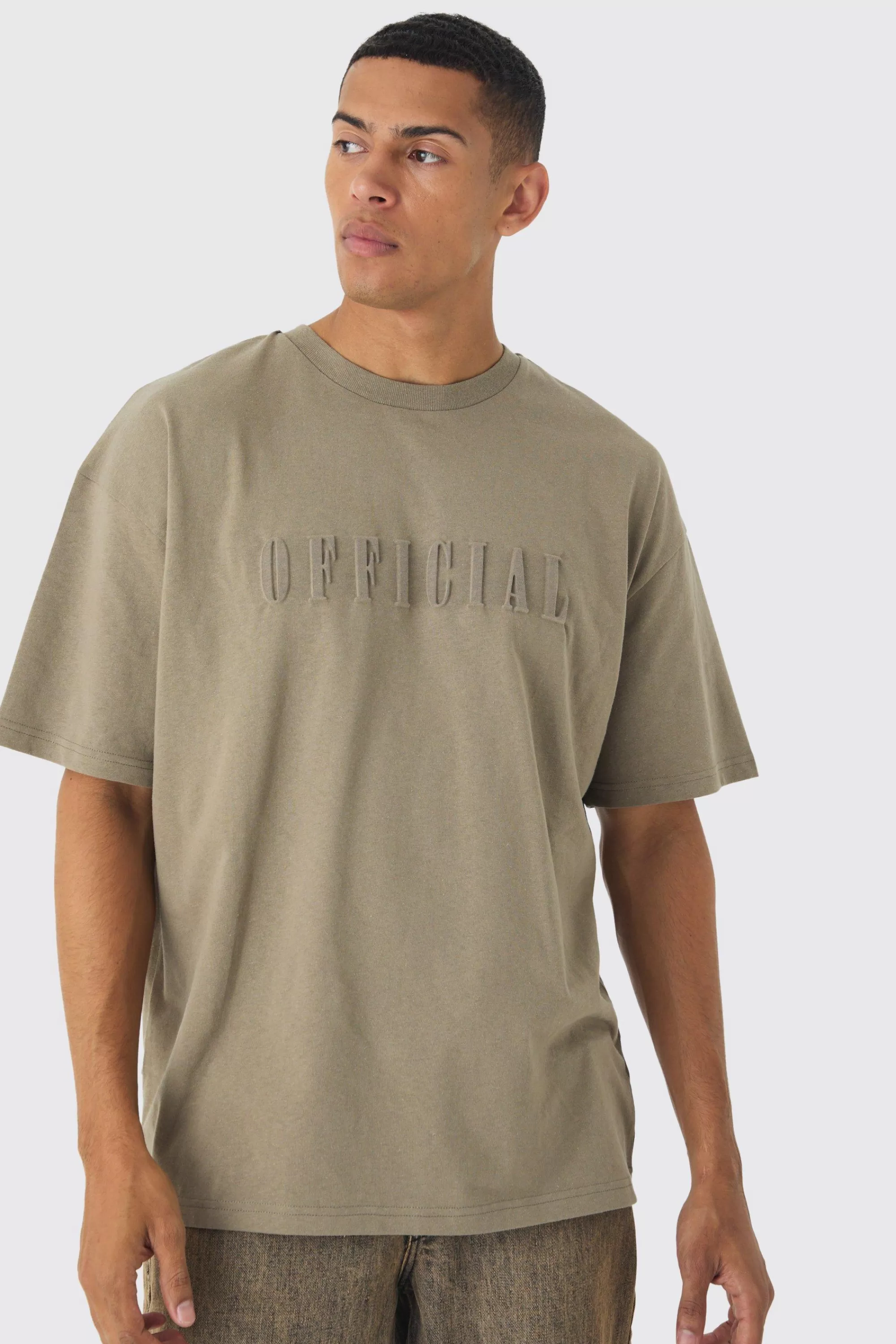 boohooMAN Oversized Official Embossed Detail T-Shirt | UK khaki Store