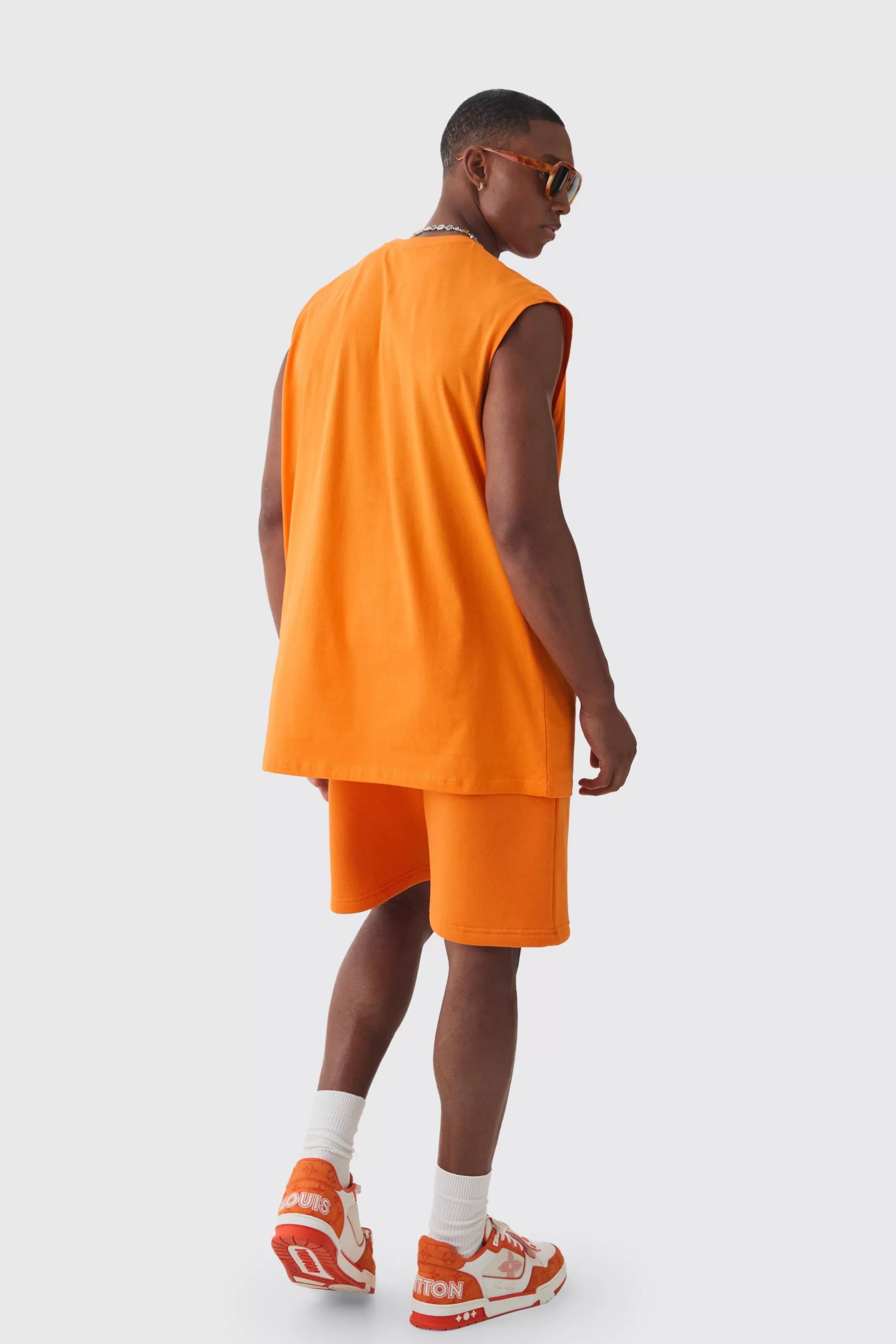 boohooMAN Oversized Official Large Print Tank & Short Set | UK orange Clearance