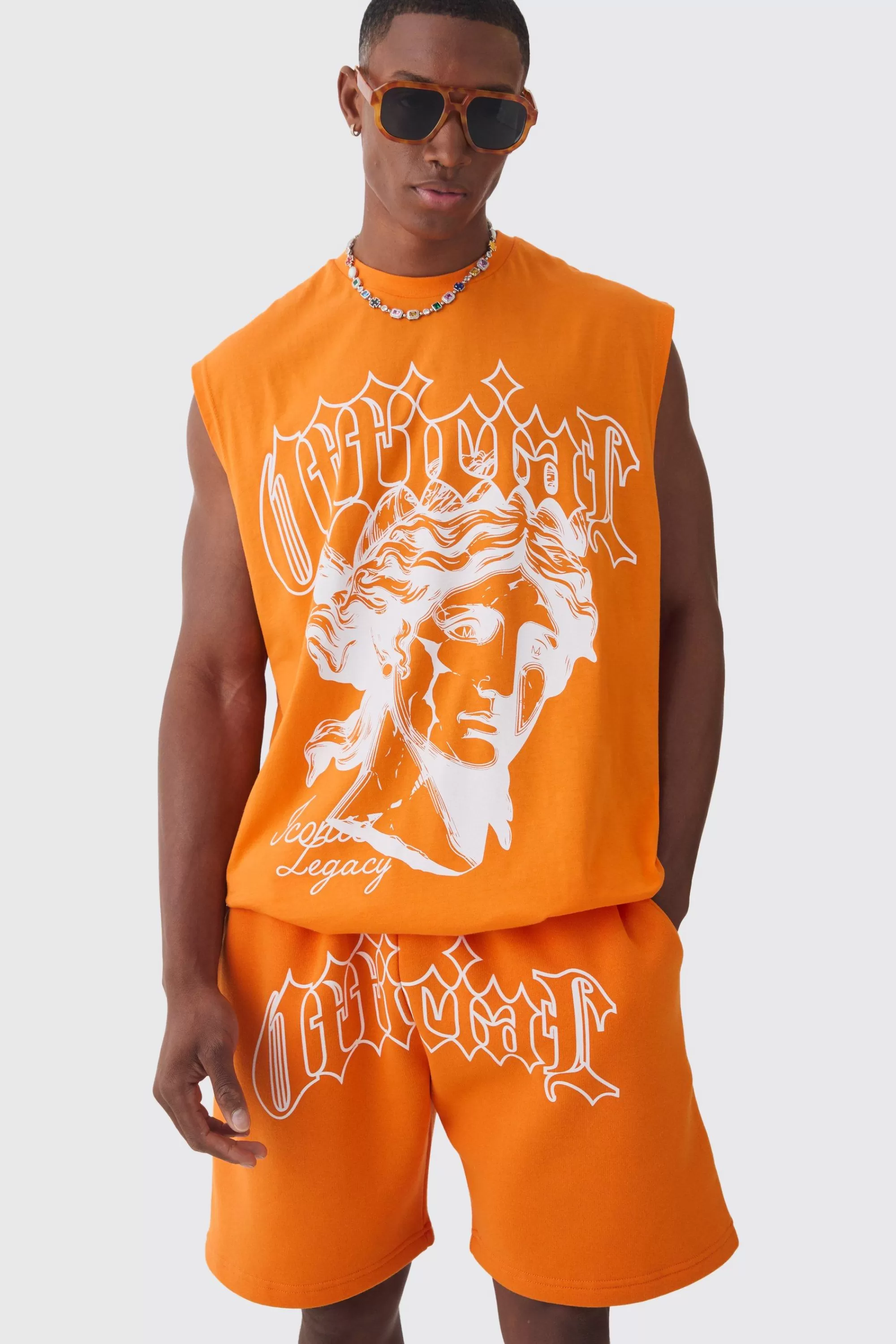 boohooMAN Oversized Official Large Print Tank & Short Set | UK orange Clearance