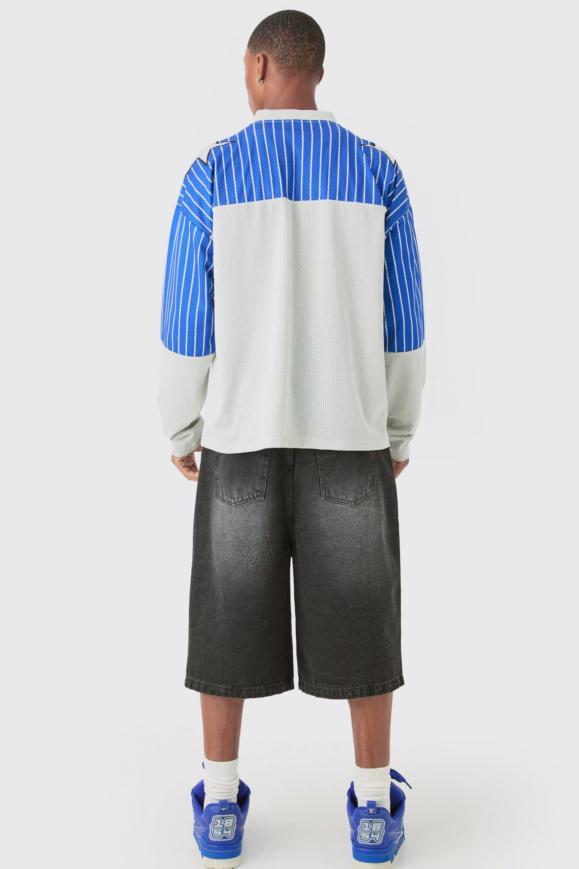 boohooMAN Oversized Official Racing Stripe Long Sleeve Varsity Mesh Top | UK cobalt Online