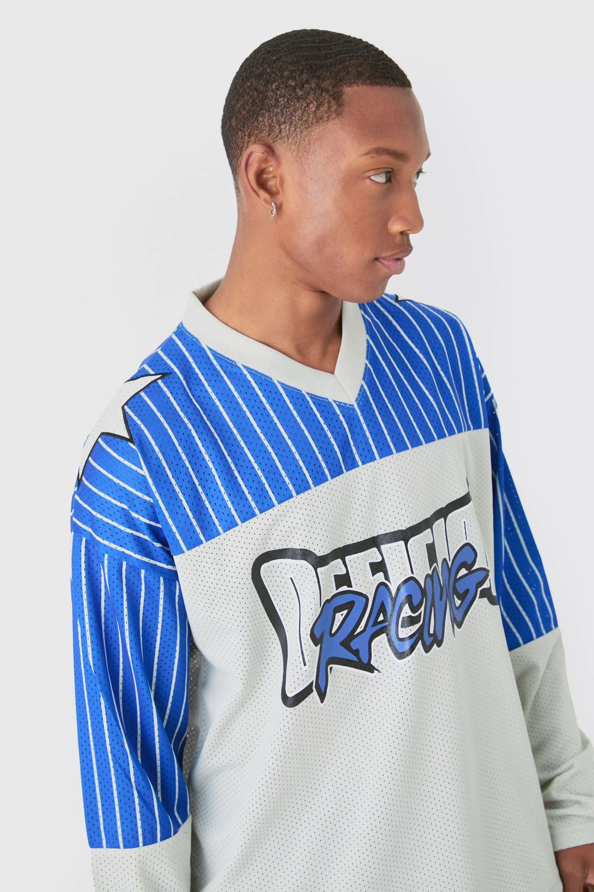 boohooMAN Oversized Official Racing Stripe Long Sleeve Varsity Mesh Top | UK cobalt Online