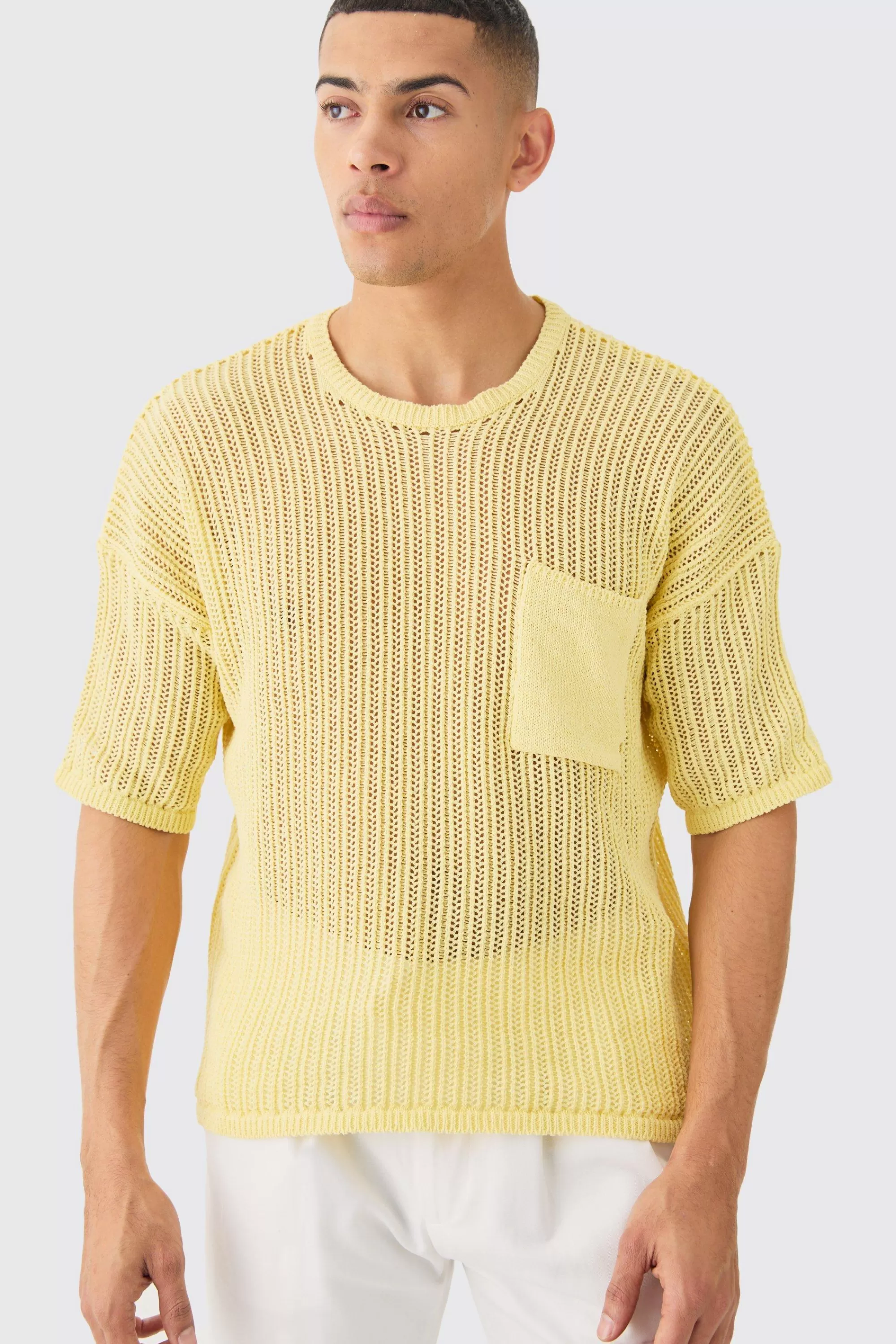 boohooMAN Oversized Open Stitch Pocket T-shirt In | UK yellow Shop