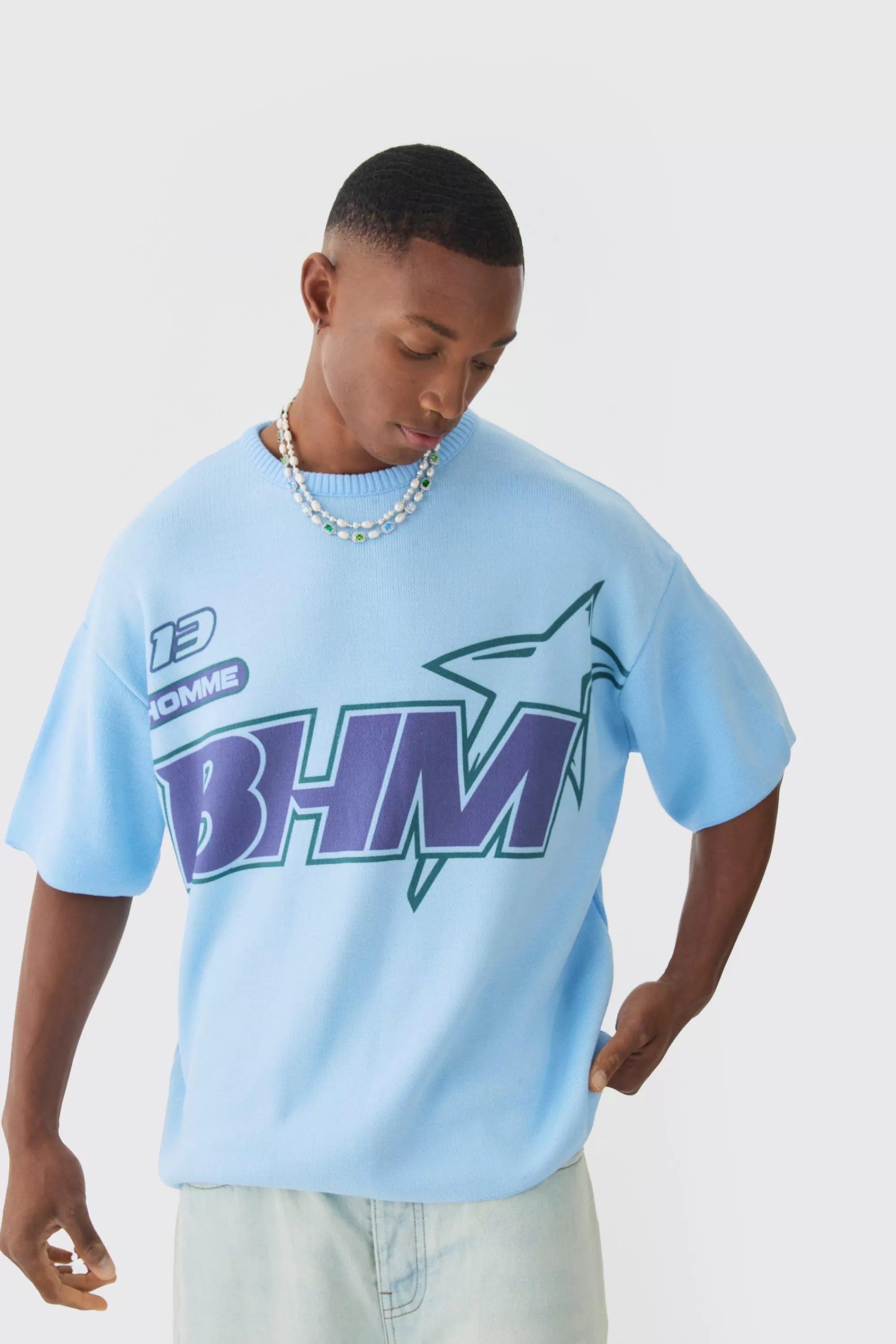 boohooMAN Oversized Open Stitch Printed Knitted T-shirt | UK light blue Best