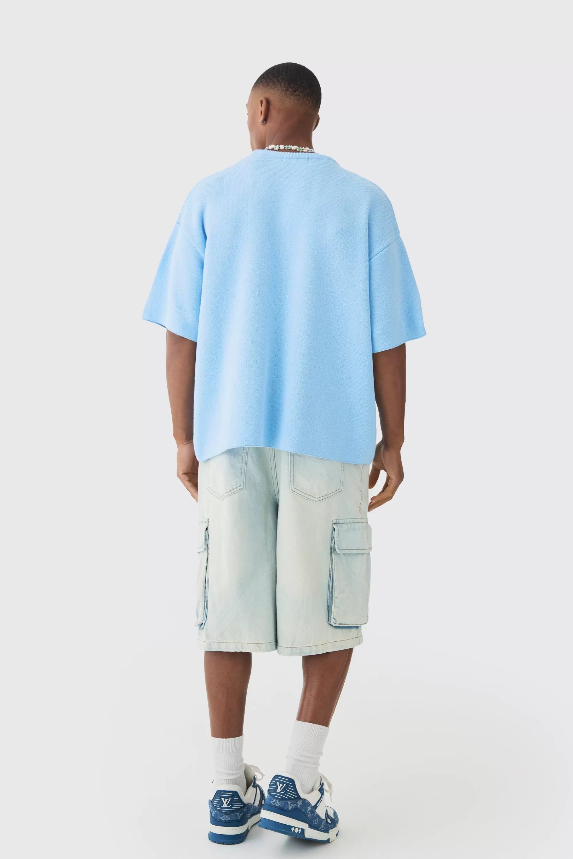 boohooMAN Oversized Open Stitch Printed Knitted T-shirt | UK light blue Best
