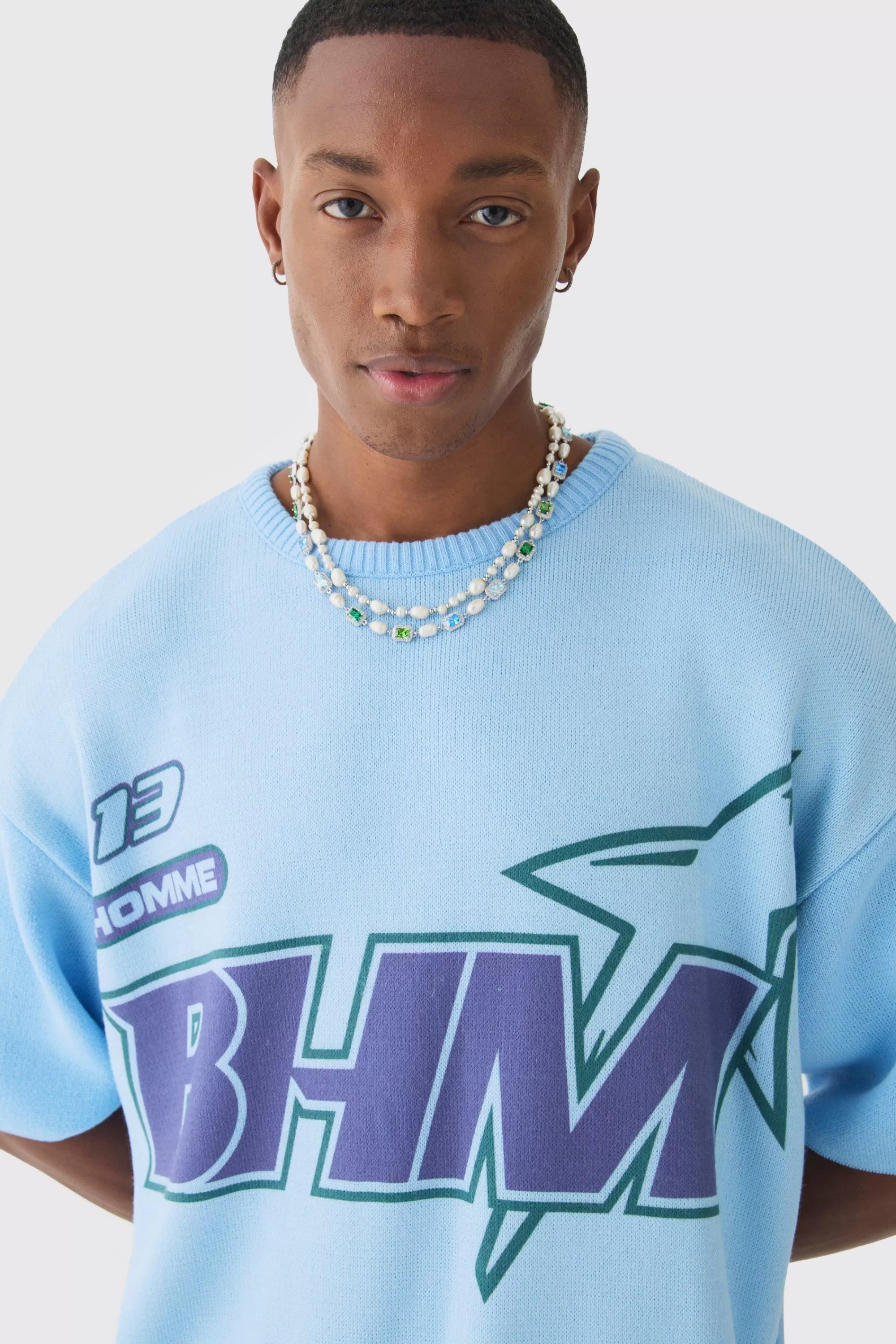 boohooMAN Oversized Open Stitch Printed Knitted T-shirt | UK light blue Best