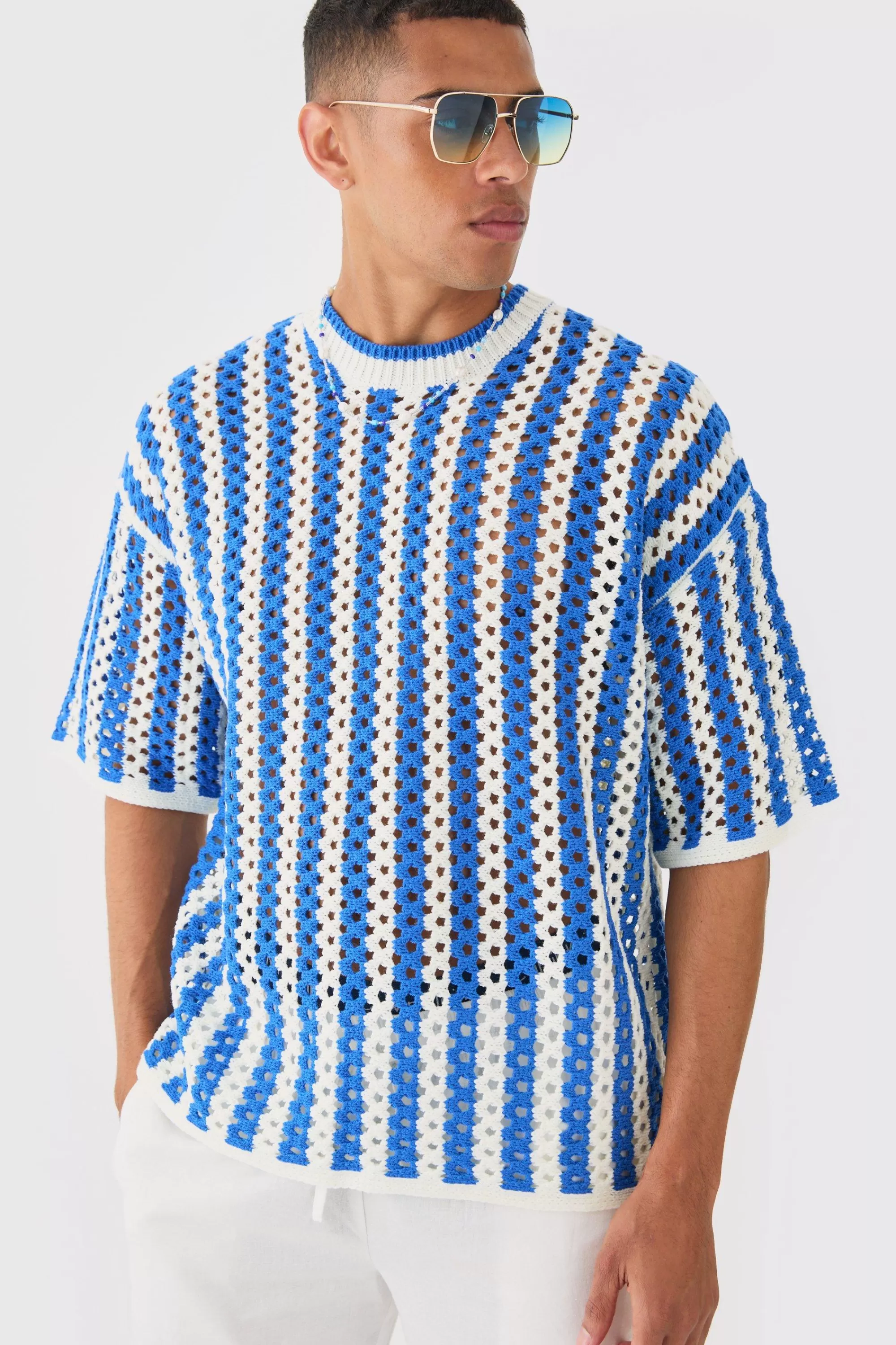 boohooMAN Oversized Open Stitch Stripe Knitted T-shirt | UK cobalt Sale