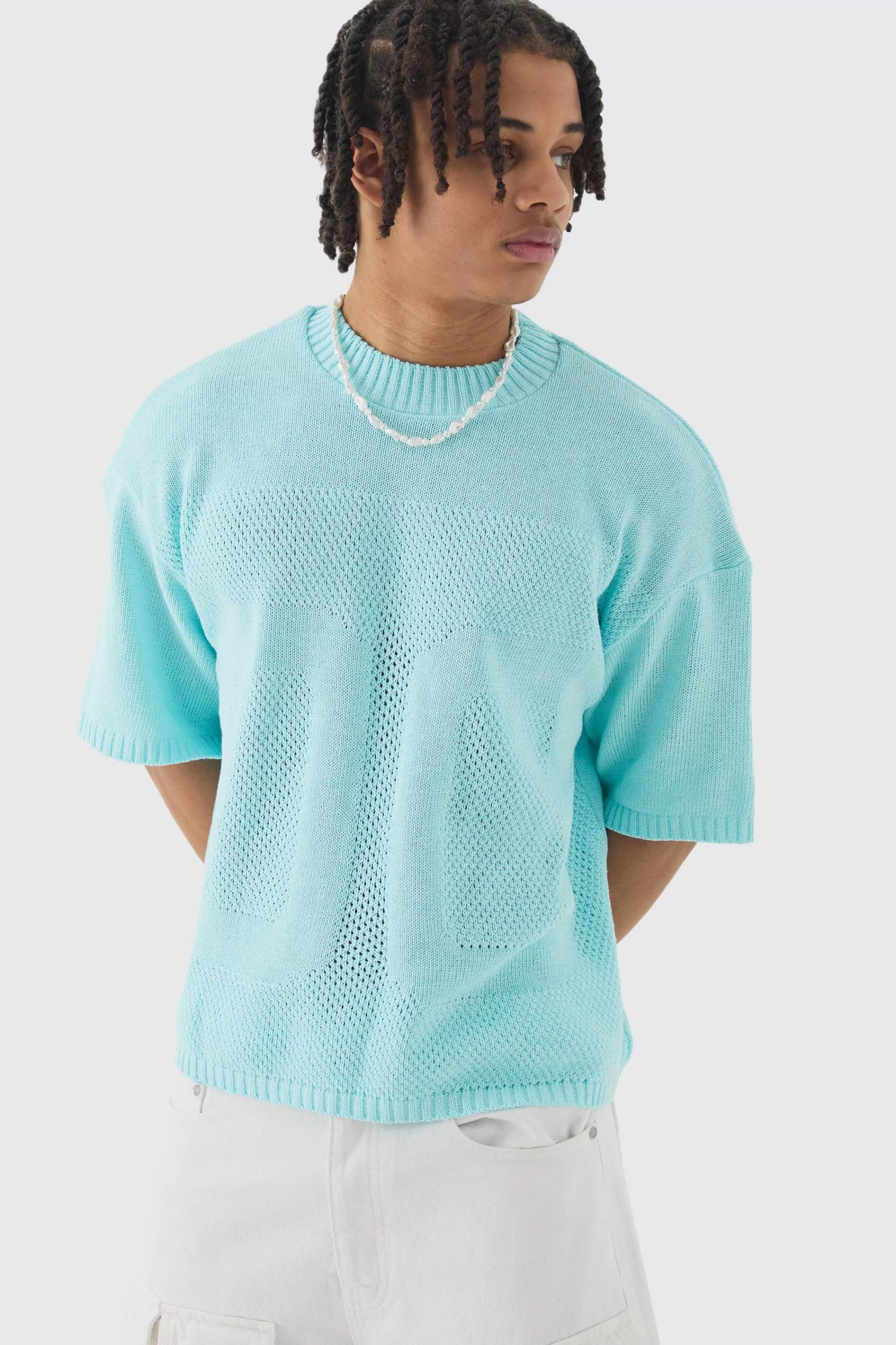 boohooMAN Oversized Open Stitch Tonal Varsity Knitted T-shirt | UK light blue Best Sale
