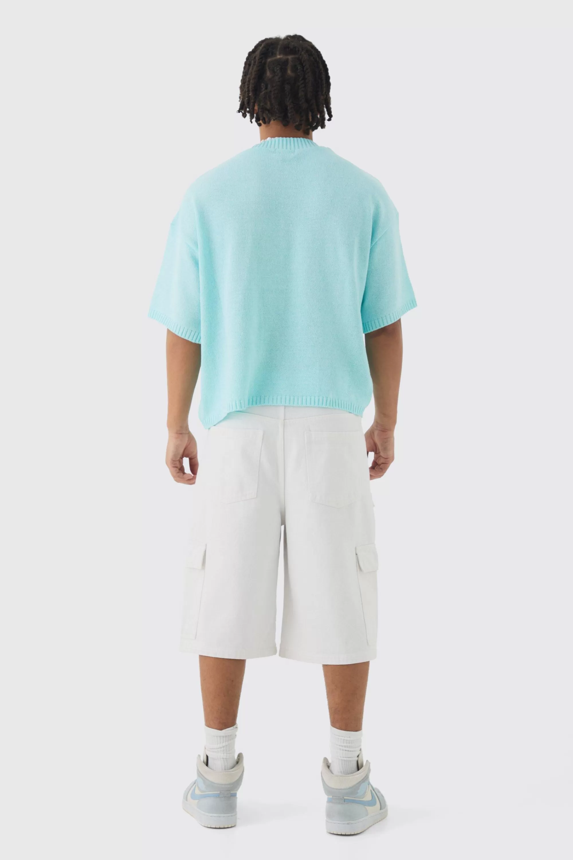 boohooMAN Oversized Open Stitch Tonal Varsity Knitted T-shirt | UK light blue Best Sale